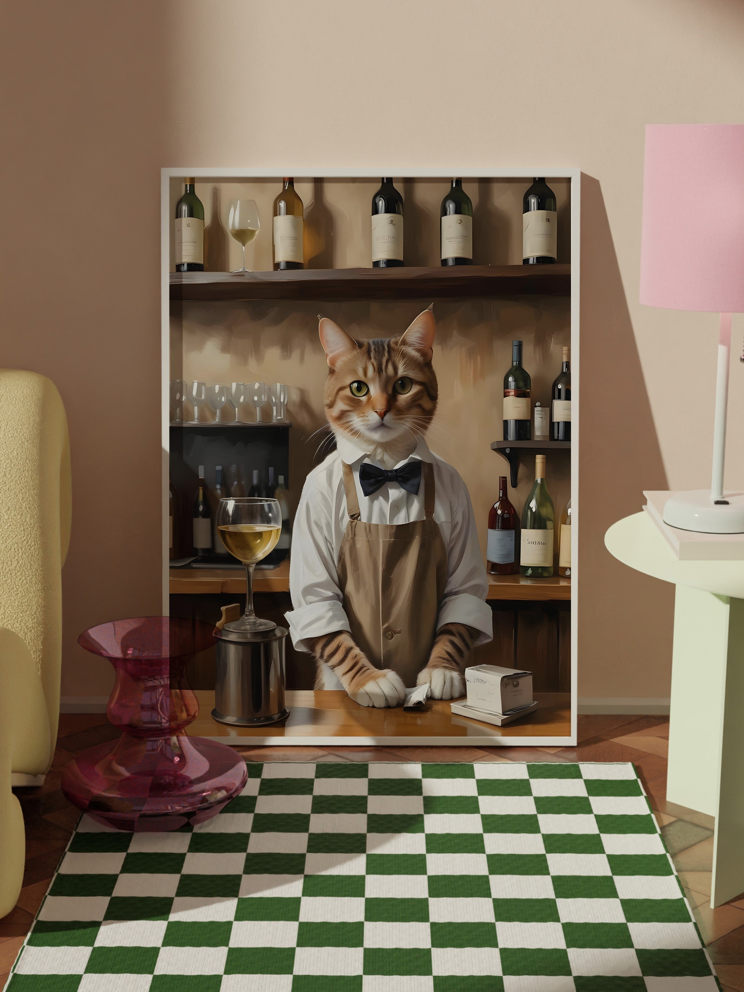 Beyaz Çerçeveli Tablo, Barista Cat, Comfort Serisi Poster ve Duvar Tablosu, NO:108928