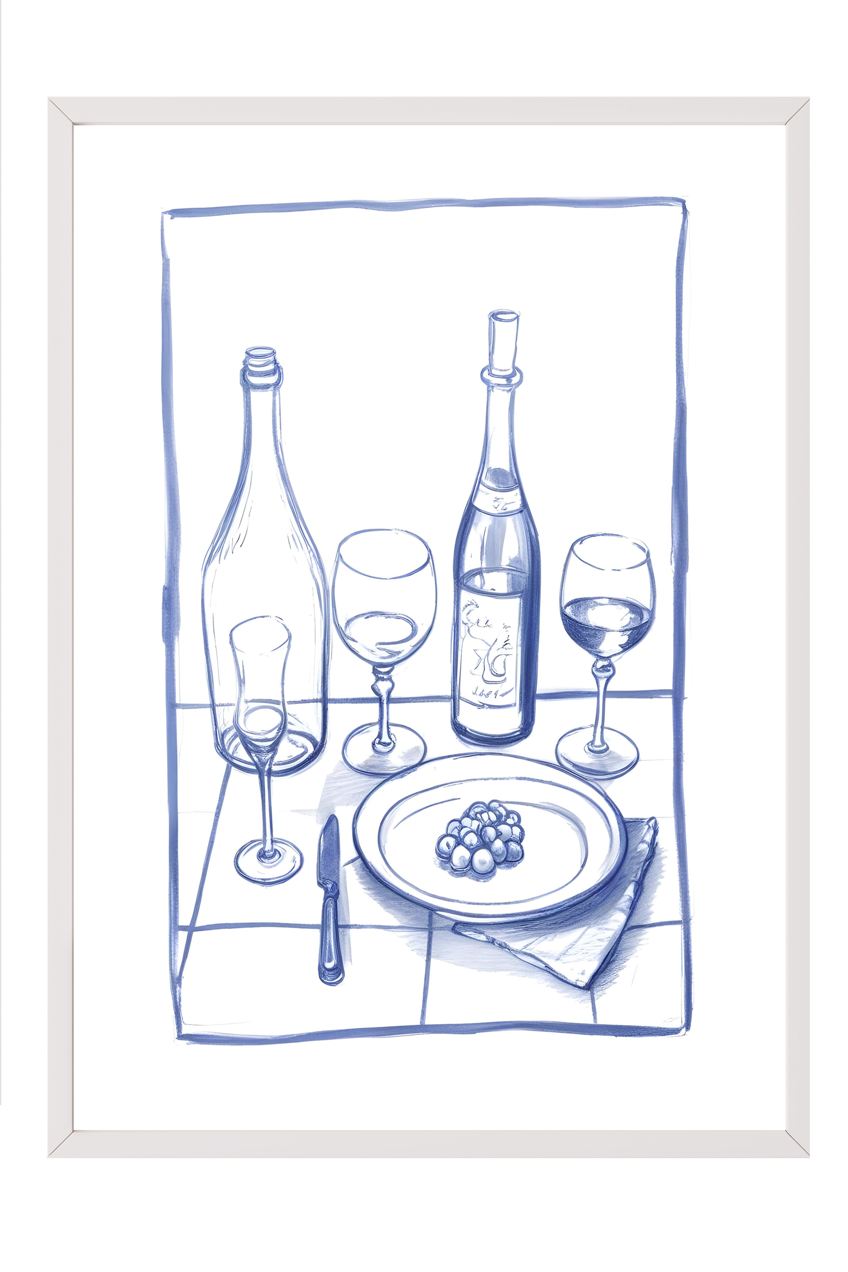 Beyaz Çerçeveli Tablo, Bottles & Glasses, Comfort Serisi Mutfak Duvar Tablosu, NO:109116