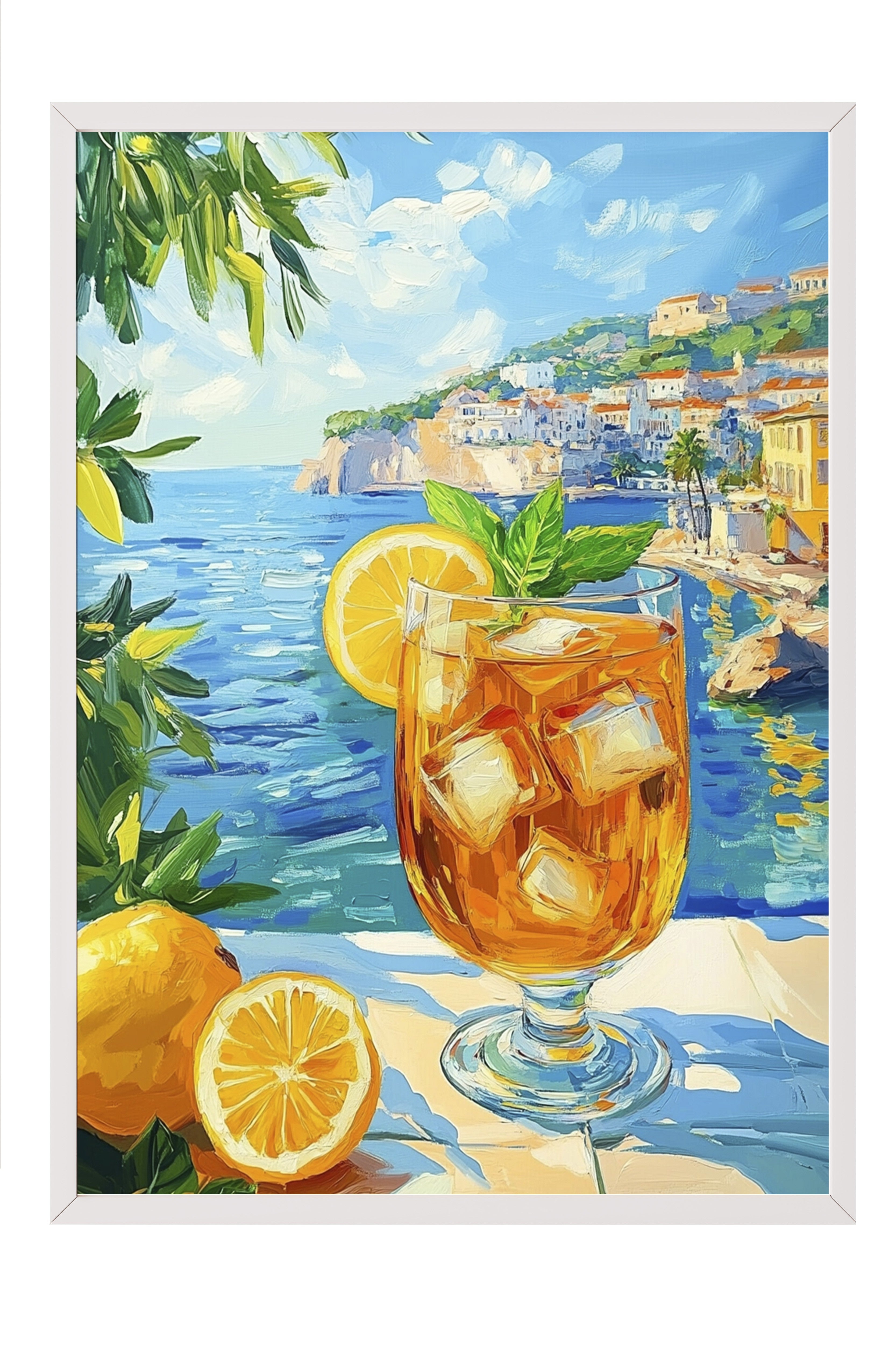 Beyaz Çerçeveli Tablo, Cam, Limon, Deniz, Empresyonist, Akrilik Resim, Mavi, Sarı Renk Poster, 2025 Yaz Seçkisi, NO:109799