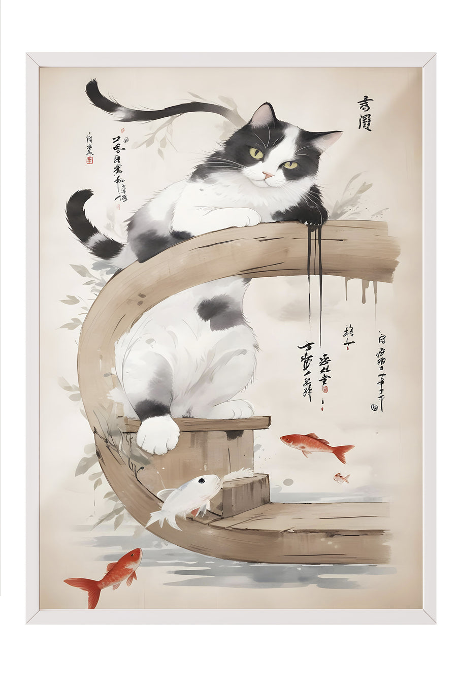 Kedi ve Japon Balıkları Poster – Beyaz Çerçeveli Tablo