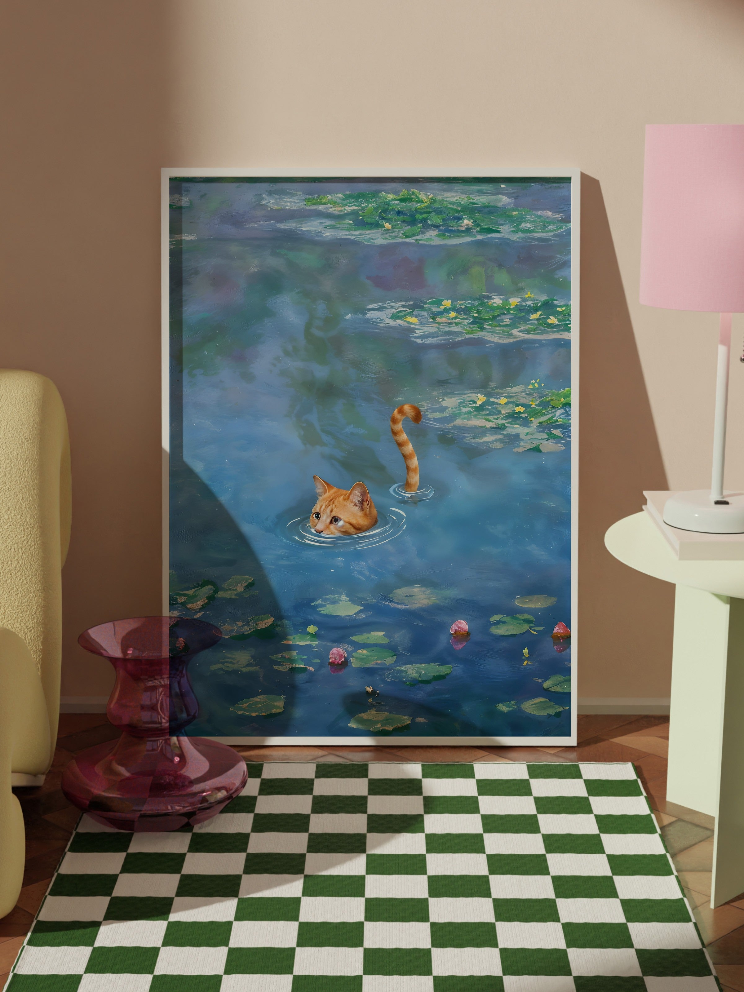 Beyaz Çerçeveli Tablo, Cat Print Monet Waterlily - 1, Comfort Serisi Mutfak Duvar Tablosu, NO:108966