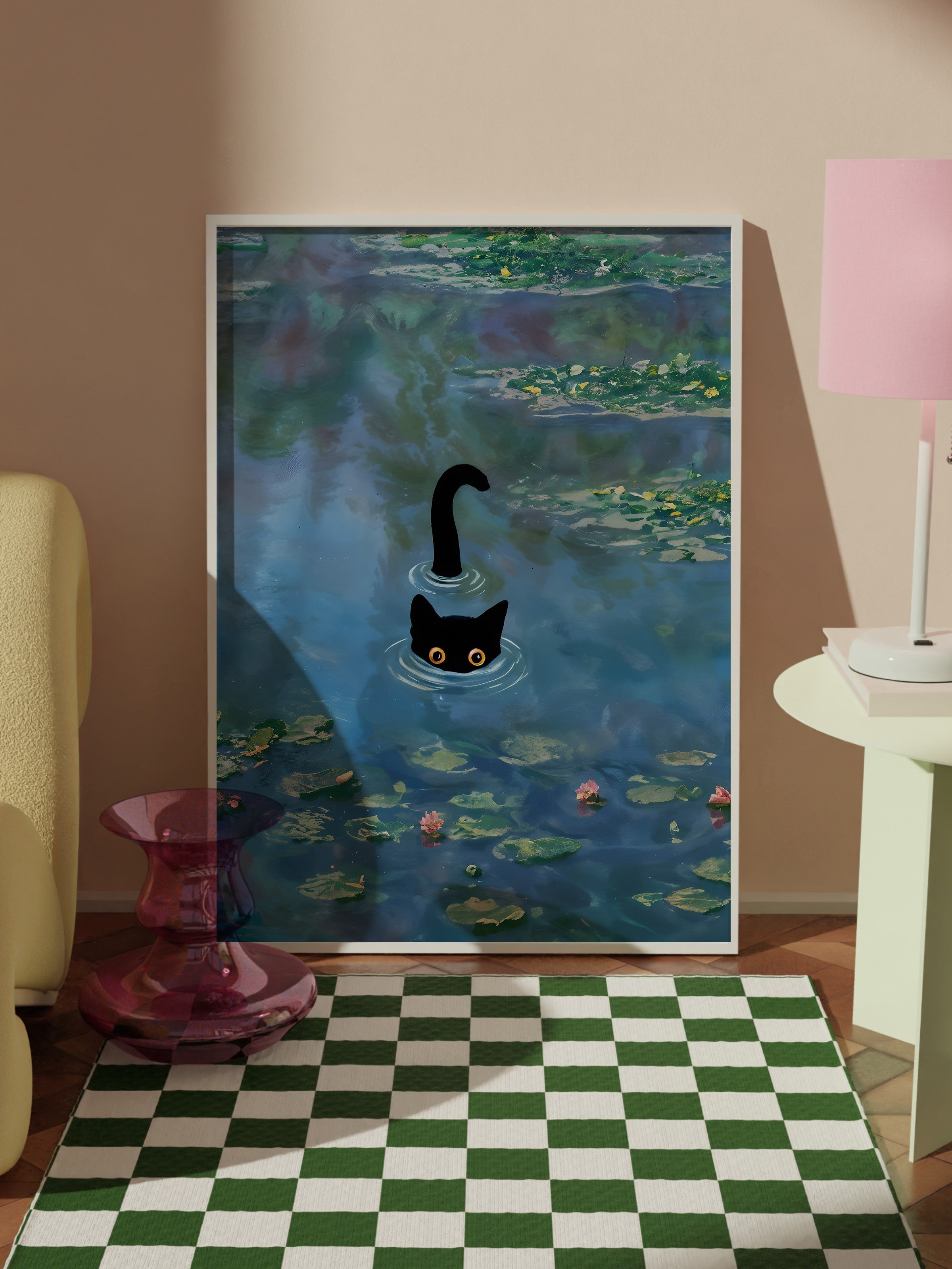 Beyaz Çerçeveli Tablo, Cat Print Monet Waterlily - 2, Comfort Serisi Mutfak Duvar Tablosu, NO:108967