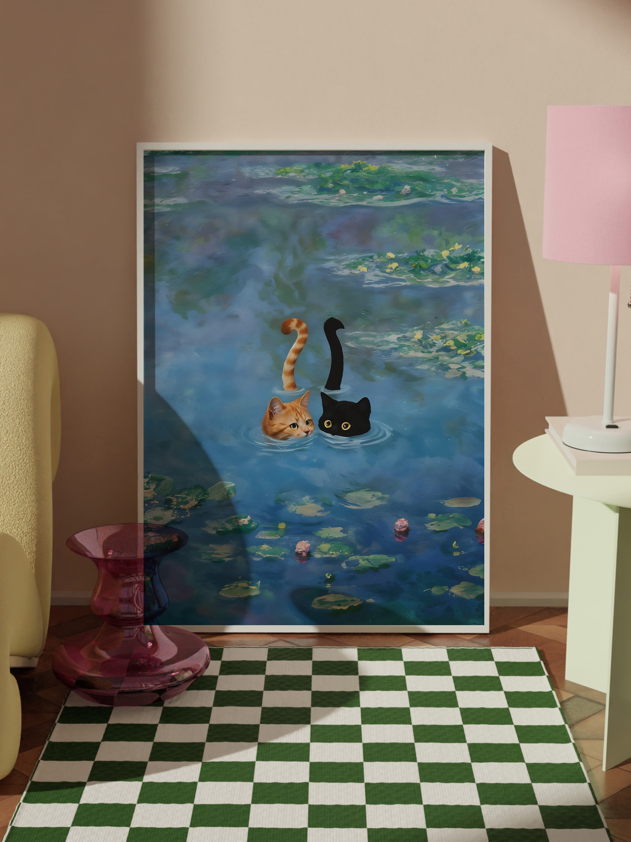 Beyaz Çerçeveli Tablo, Cat Print Monet Waterlily - 3, Comfort Serisi Mutfak Duvar Tablosu, NO:108968