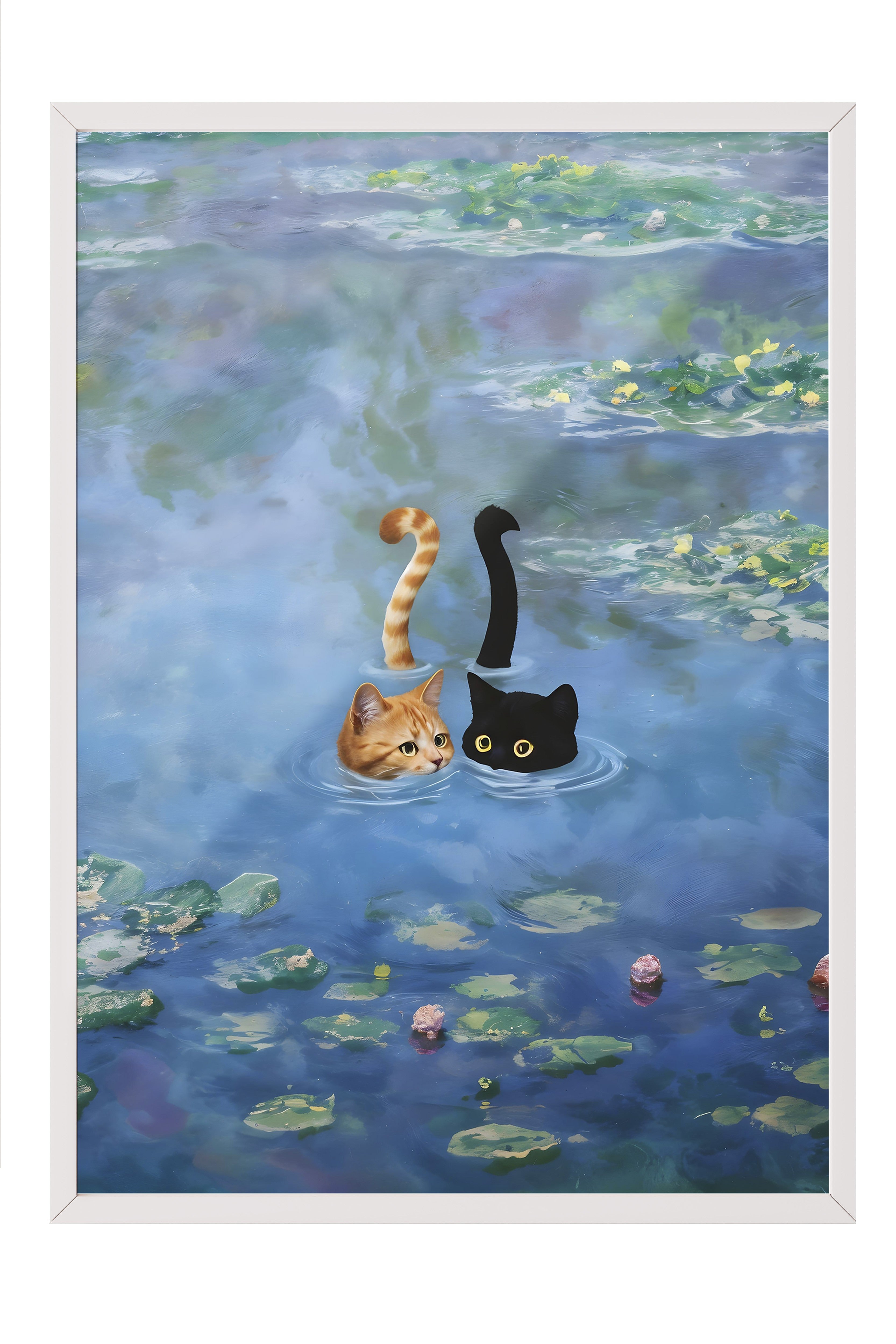 Beyaz Çerçeveli Tablo, Cat Print Monet Waterlily - 3, Comfort Serisi Mutfak Duvar Tablosu, NO:108968