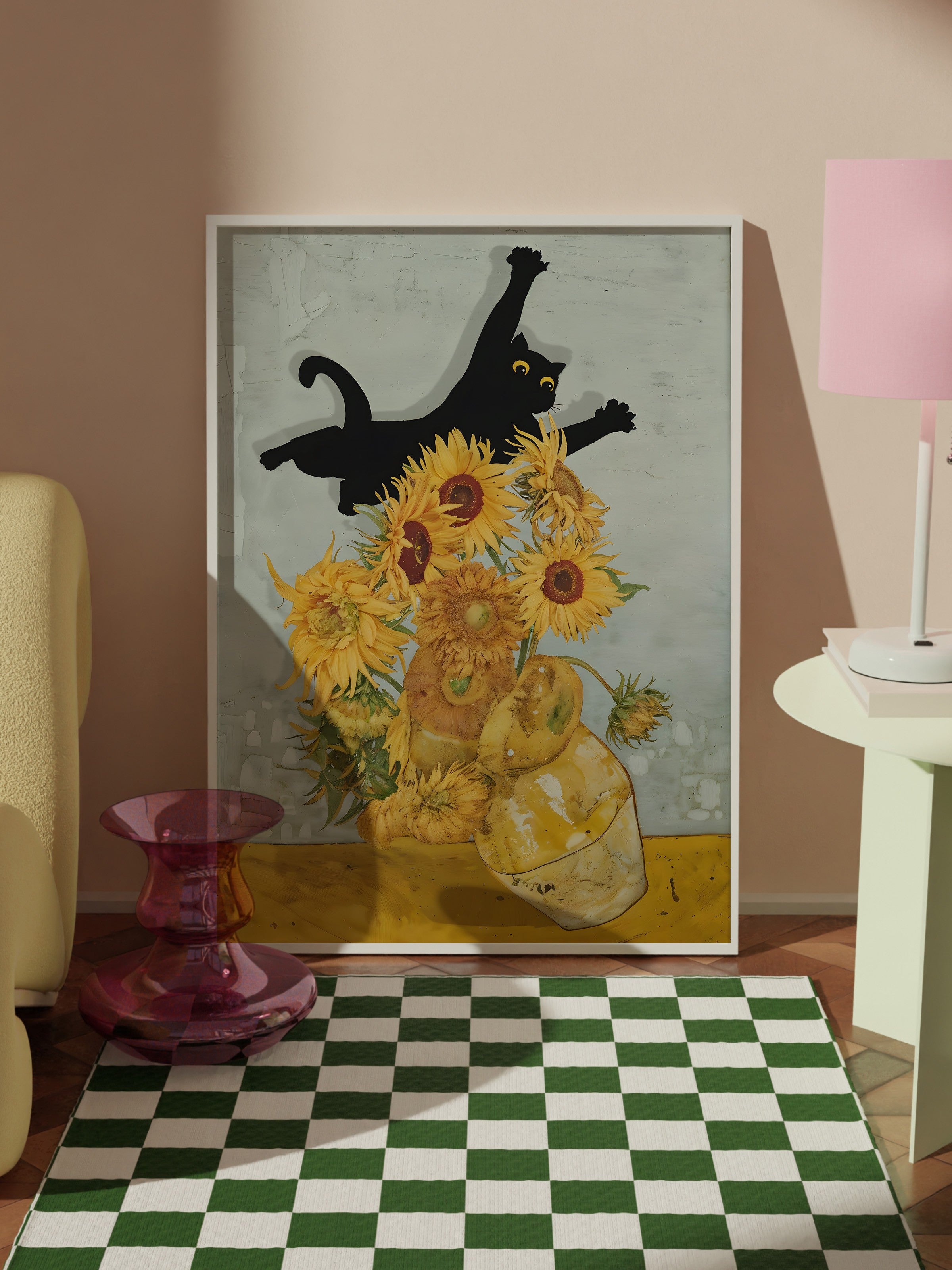 Beyaz Çerçeveli Tablo, Cat Print Van Gogh, Comfort Serisi Poster ve Duvar Tablosu, NO:108965