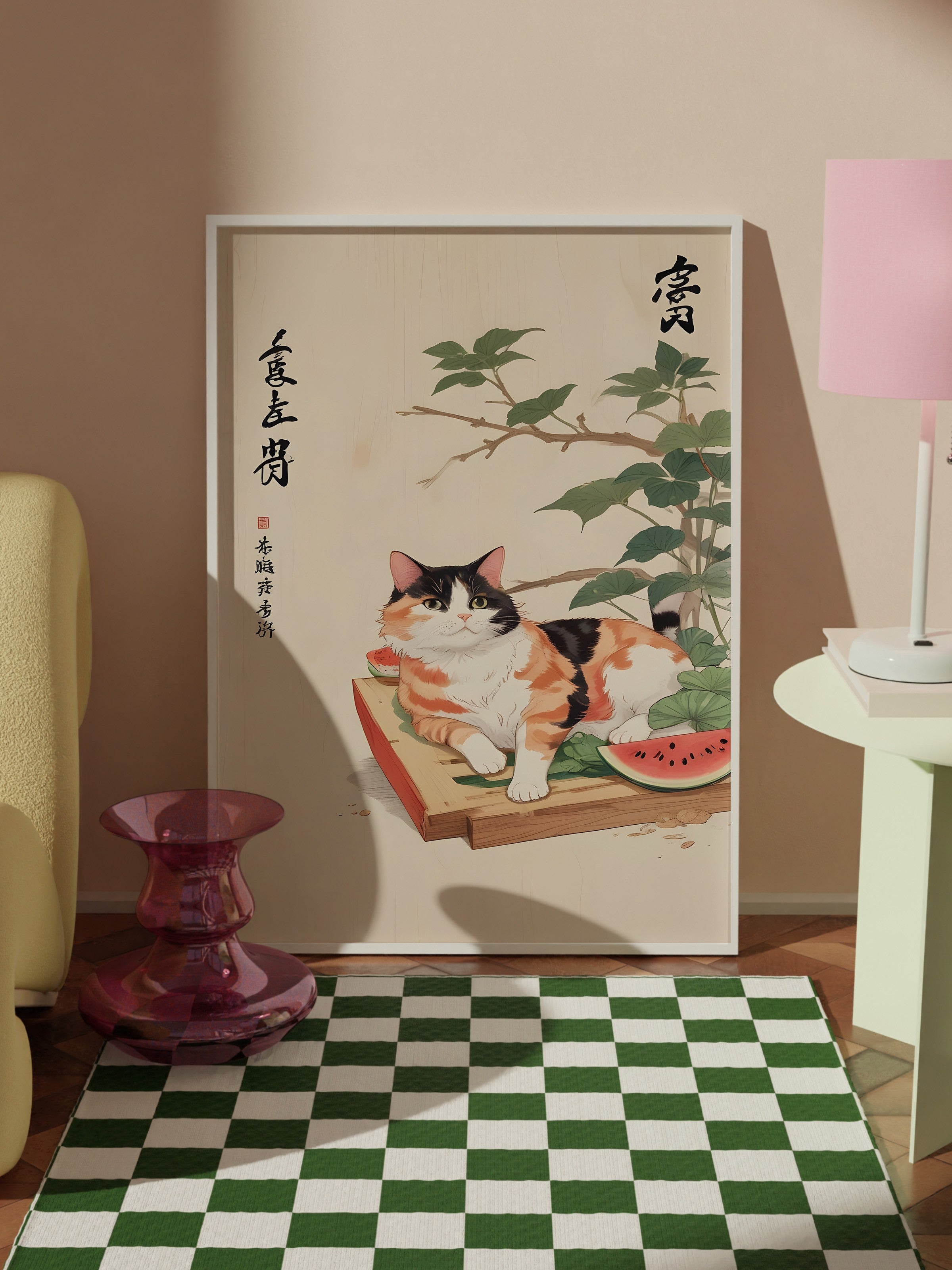 Beyaz Çerçeveli Tablo, Cat Sleeping With Watermelon, Comfort Serisi Mutfak Duvar Tablosu, NO:109164