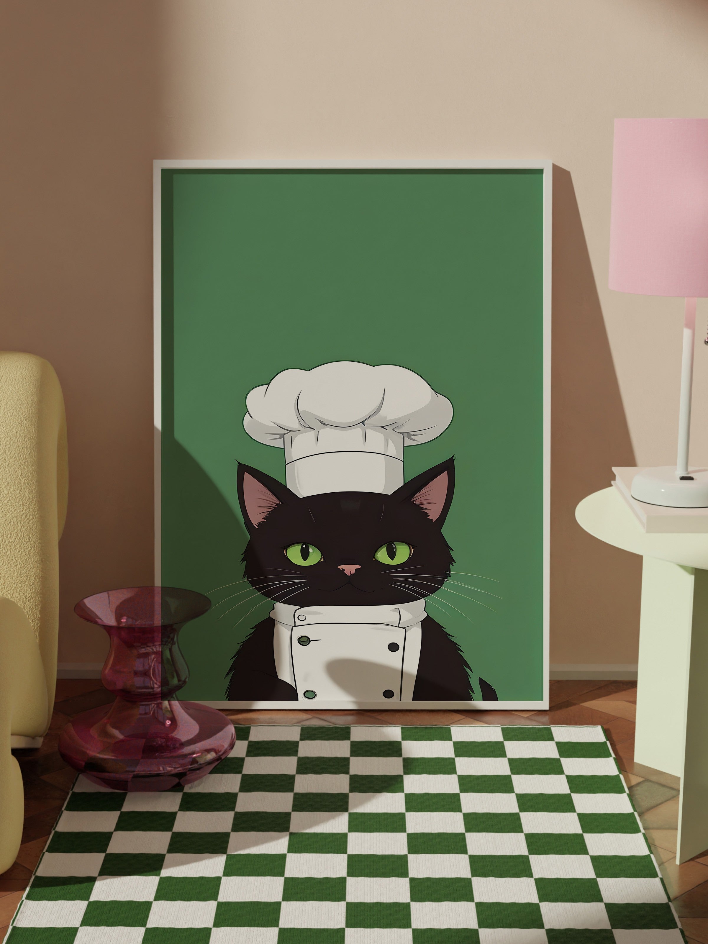 Beyaz Çerçeveli Tablo, Chef Cat, Comfort Serisi Mutfak Duvar Tablosu, NO:109147