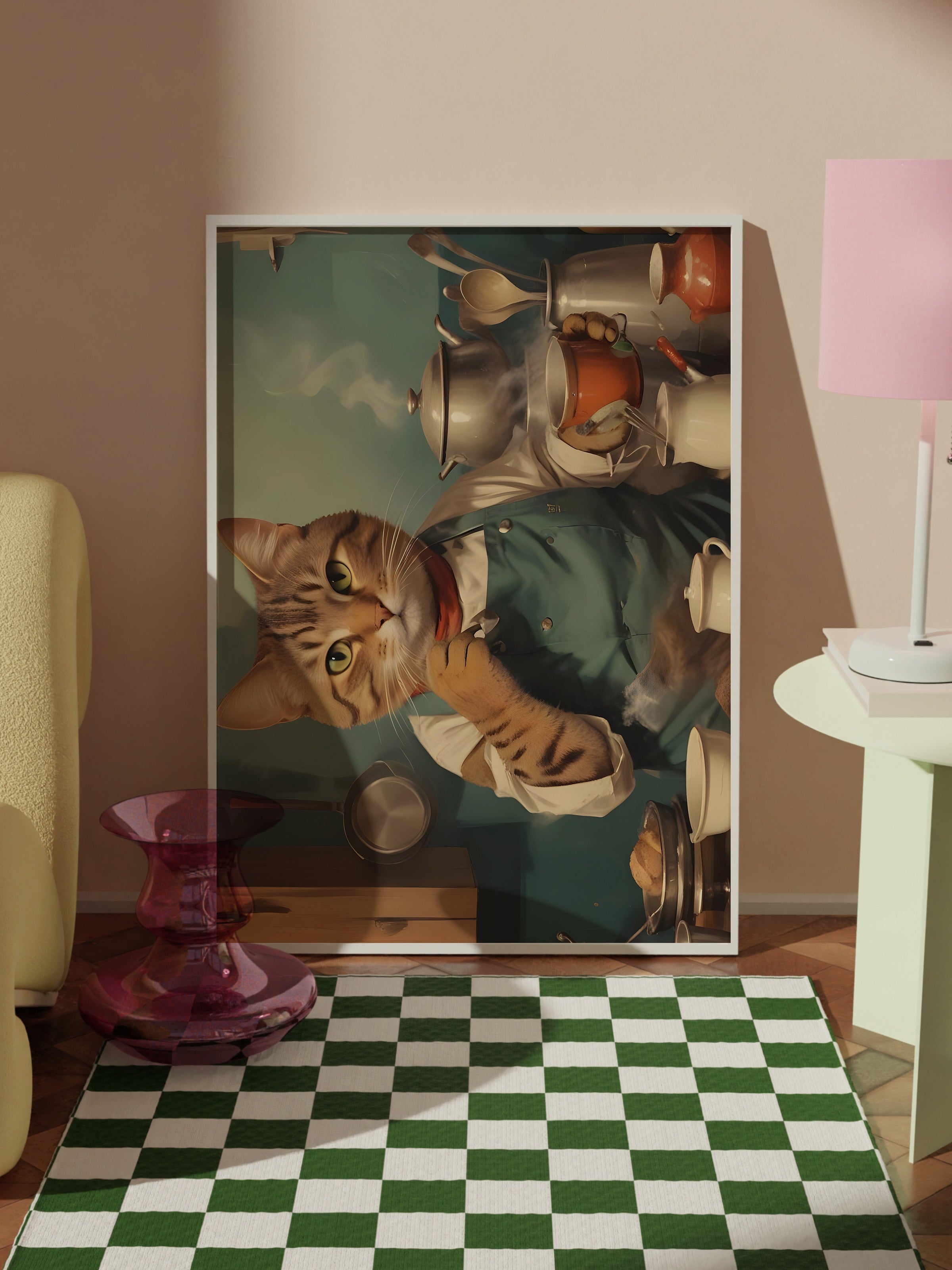 Beyaz Çerçeveli Tablo, Coffee Station Cat, Comfort Serisi Poster ve Duvar Tablosu, NO:108929