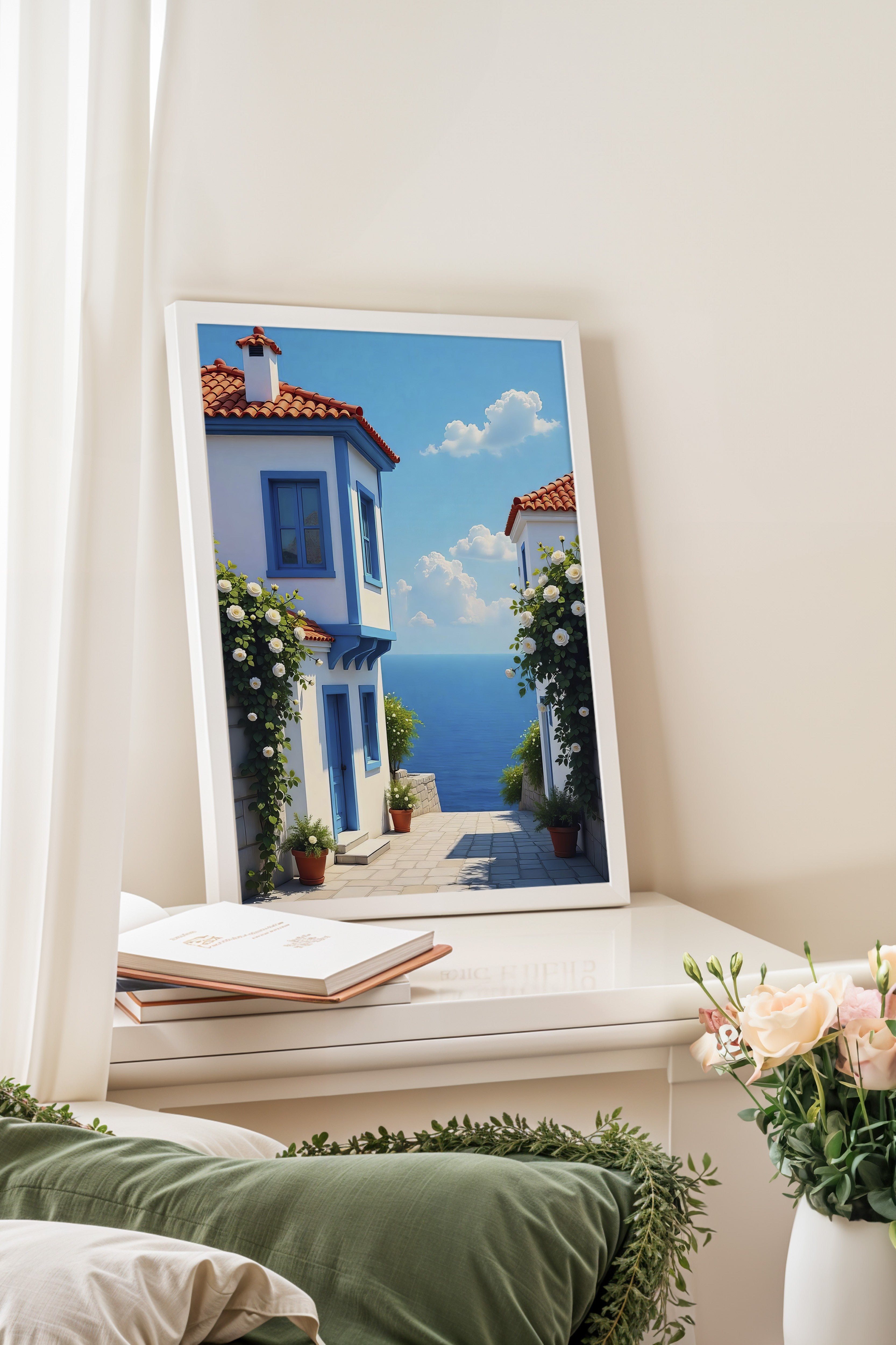 Beyaz Çerçeveli Tablo, Deniz Manzaralı Ev, Fotoğraf, Mavi Renk Poster, 2025 Yaz Seçkisi, NO:109705