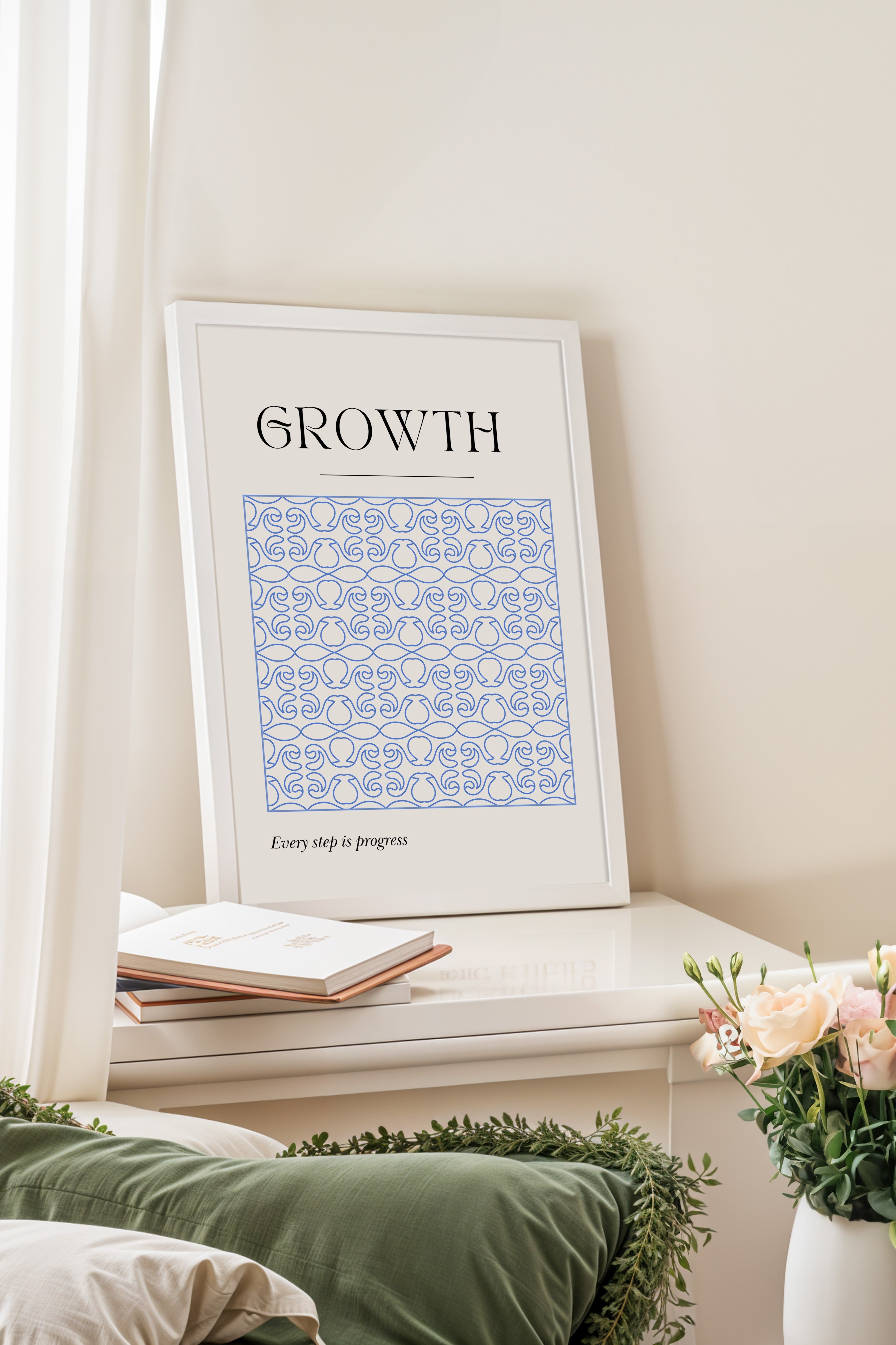 Beyaz Çerçeveli Tablo, Desen,, illüstrasyon, Minimalist, Mavi, Beyaz Renk Poster, 2025 Yaz Seçkisi, NO:109844