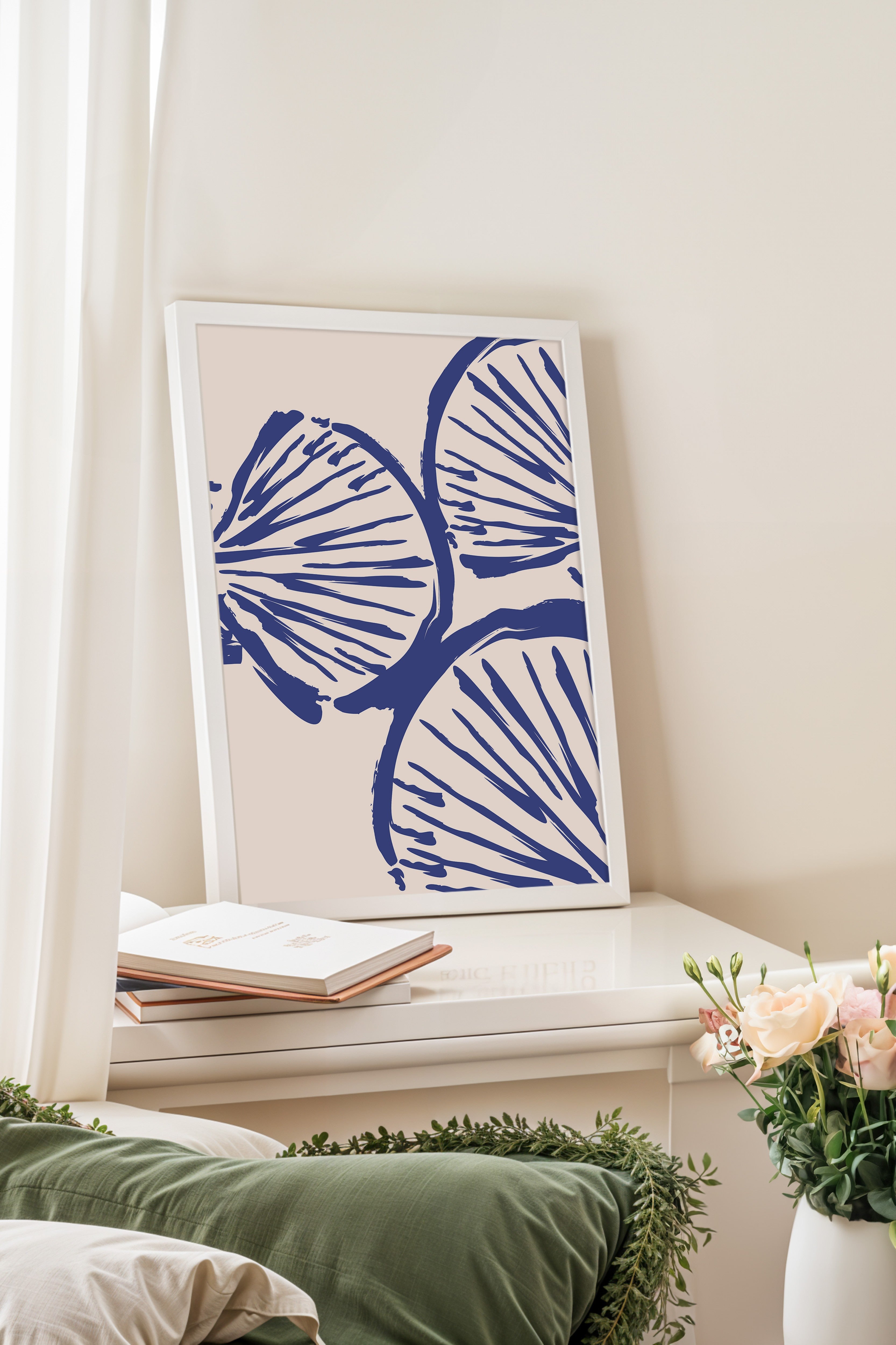 Beyaz Çerçeveli Tablo, Desenler, Yapraklar, Art Nouveau, Mavi, Bej Renk Poster, 2025 Yaz Seçkisi, NO:109834