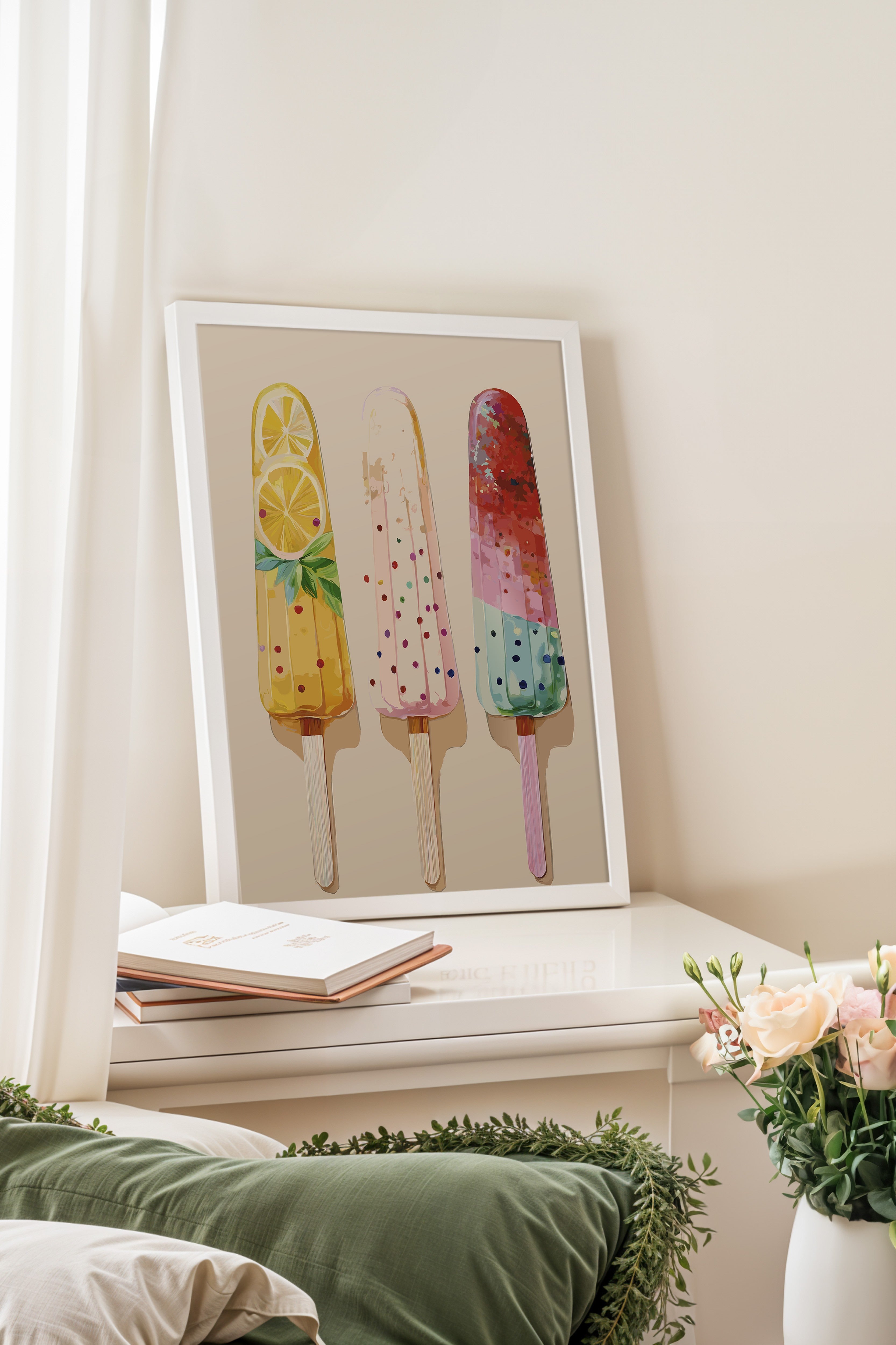 Beyaz Çerçeveli Tablo, Dondurma, Limon, illüstrasyon, Whimsical, Pastel Tonlar, Çok Renkli Renk Poster, 2025 Yaz Seçkisi, NO:109860