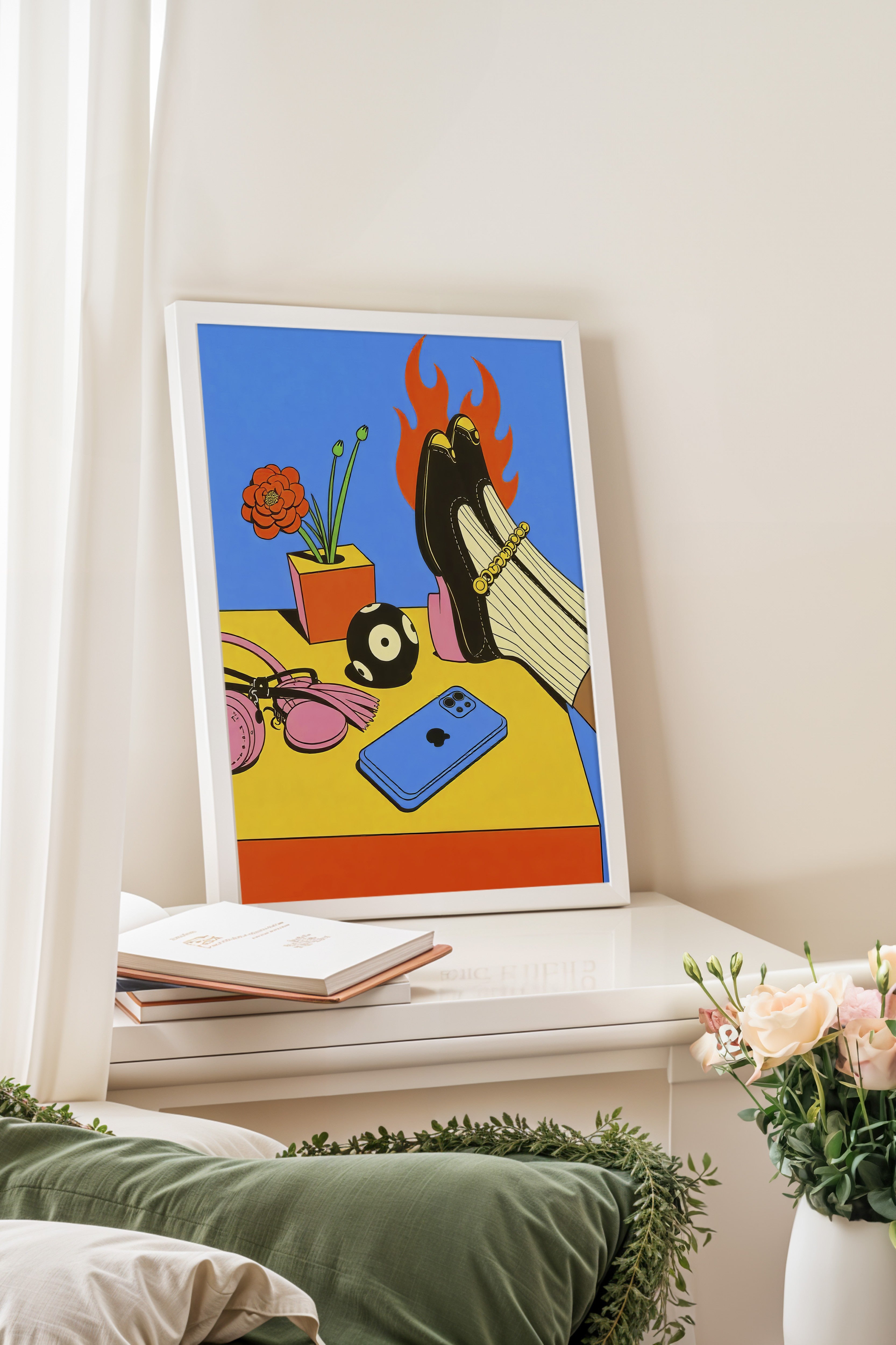Beyaz Çerçeveli Tablo, Havalı Ayakkabılar, İllüstrasyon, Maximalist, Kırmızı Renk Poster, 2025 Yaz Seçkisi, NO:109783