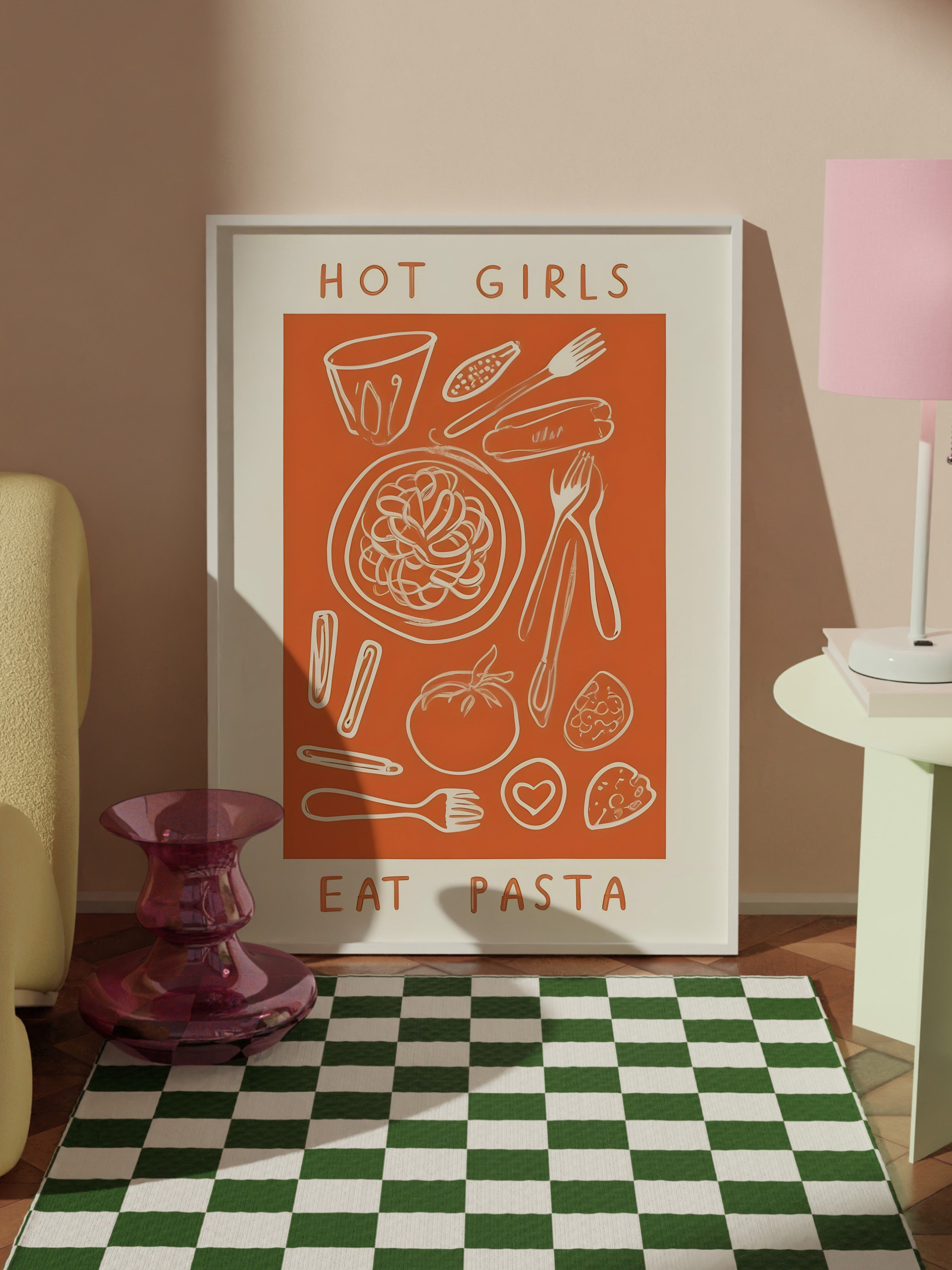 Beyaz Çerçeveli Tablo, Hot Girl Eat Pasta, Comfort Serisi Mutfak Duvar Tablosu, NO:109125