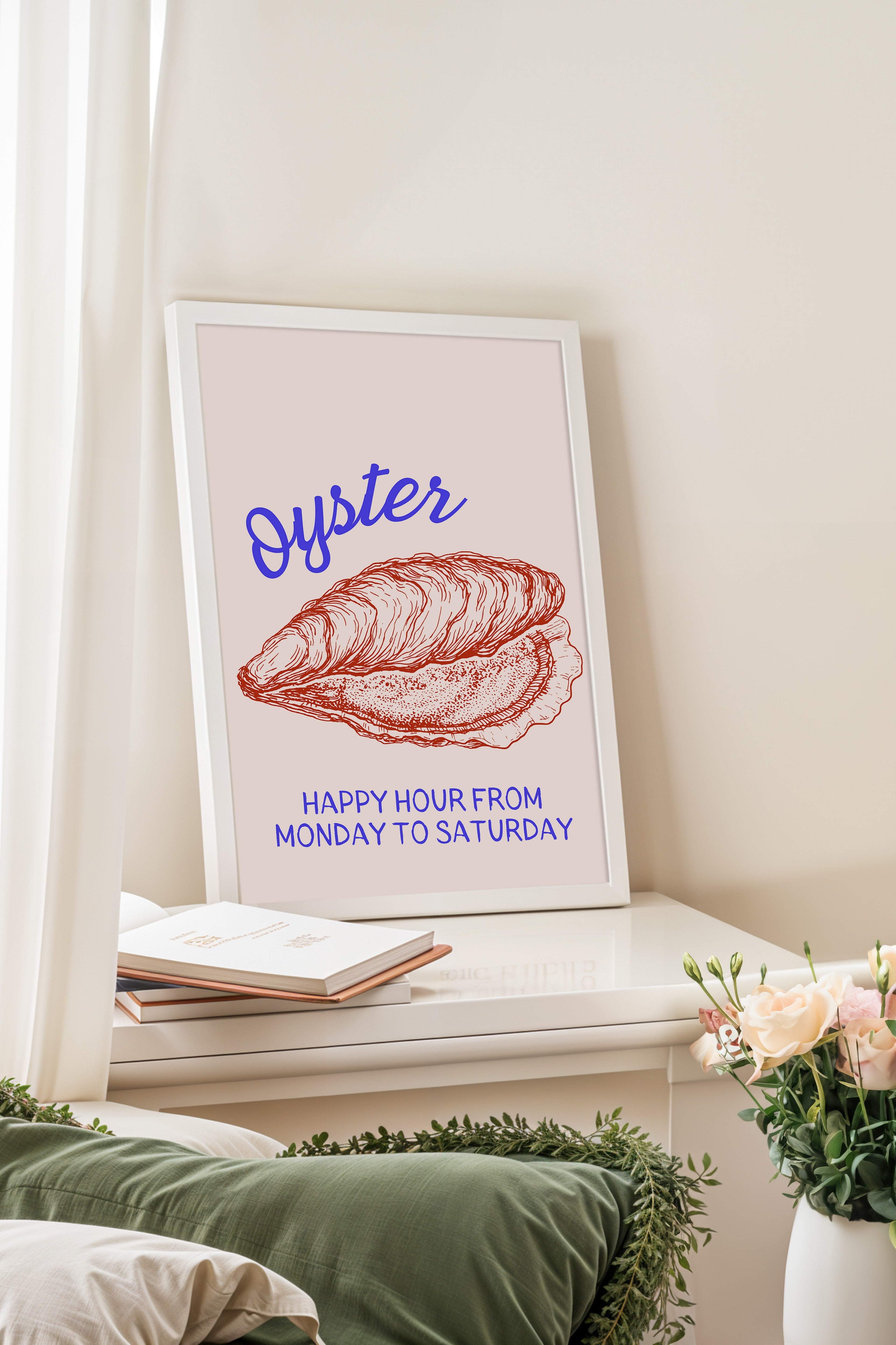 Beyaz Çerçeveli Tablo, İstiridye, Metin, illüstrasyon, Minimalist, Pastel Tonlar, Kırmızı Renk Poster, 2025 Yaz Seçkisi, NO:109819