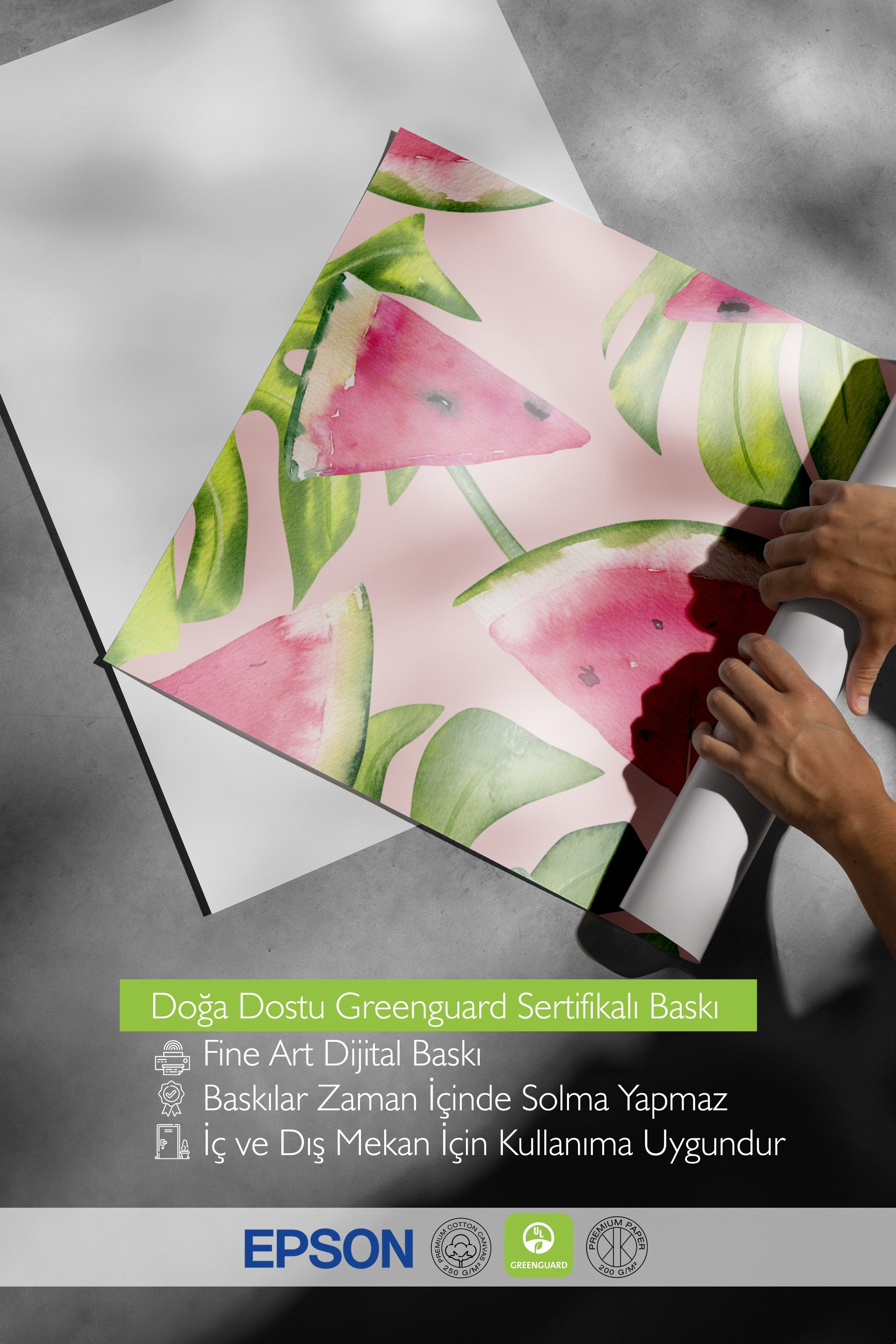 Beyaz Çerçeveli Tablo, Karpuz, Yaprak, Suluboya, Botanik, Pembe, Yeşil Renk Poster, 2025 Yaz Seçkisi, NO:109803