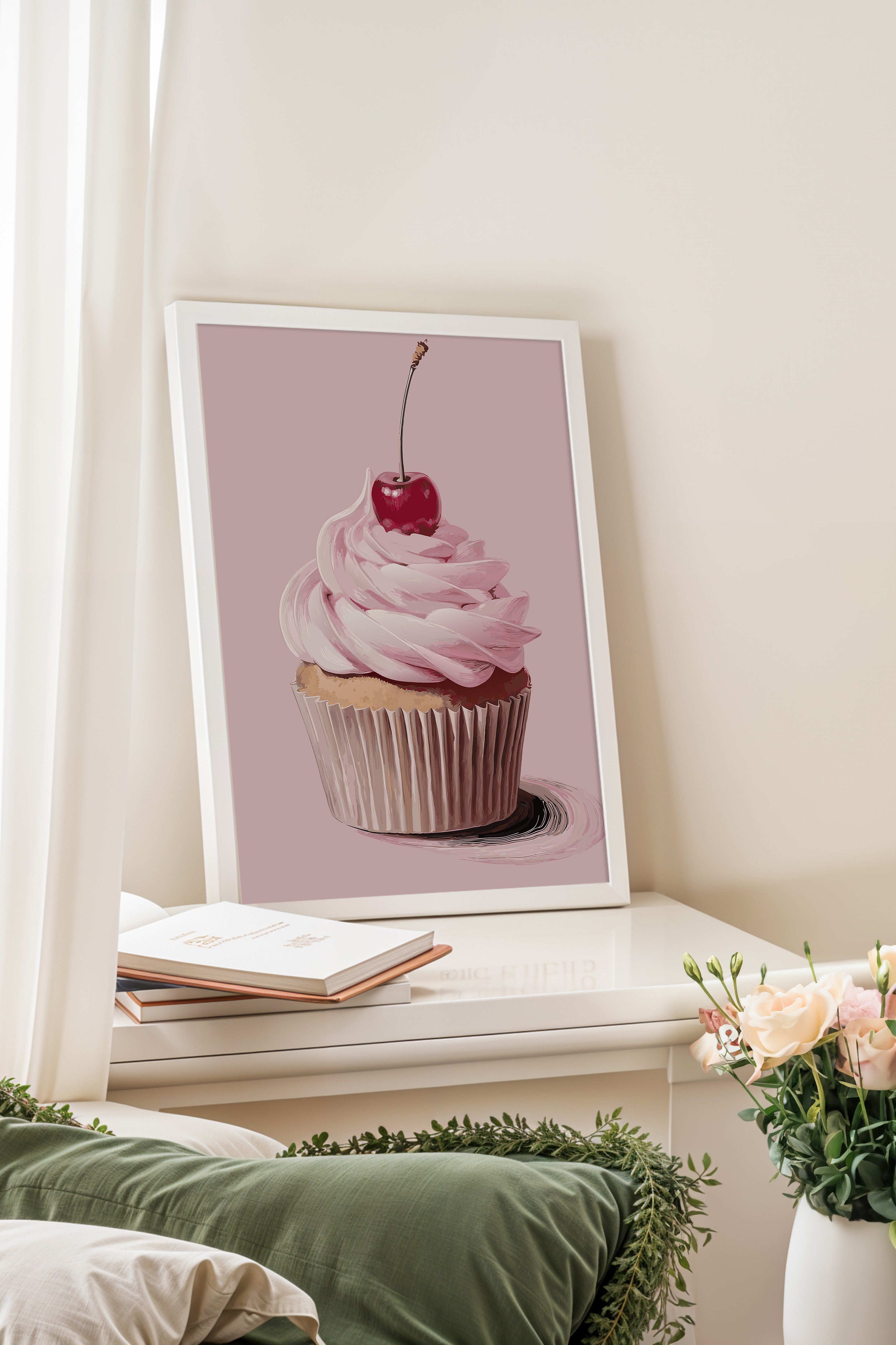 Beyaz Çerçeveli Tablo, Kek, Kiraz, illüstrasyon, Pembe, Pastel Tonlar Renk Poster, 2025 Yaz Seçkisi, NO:109868
