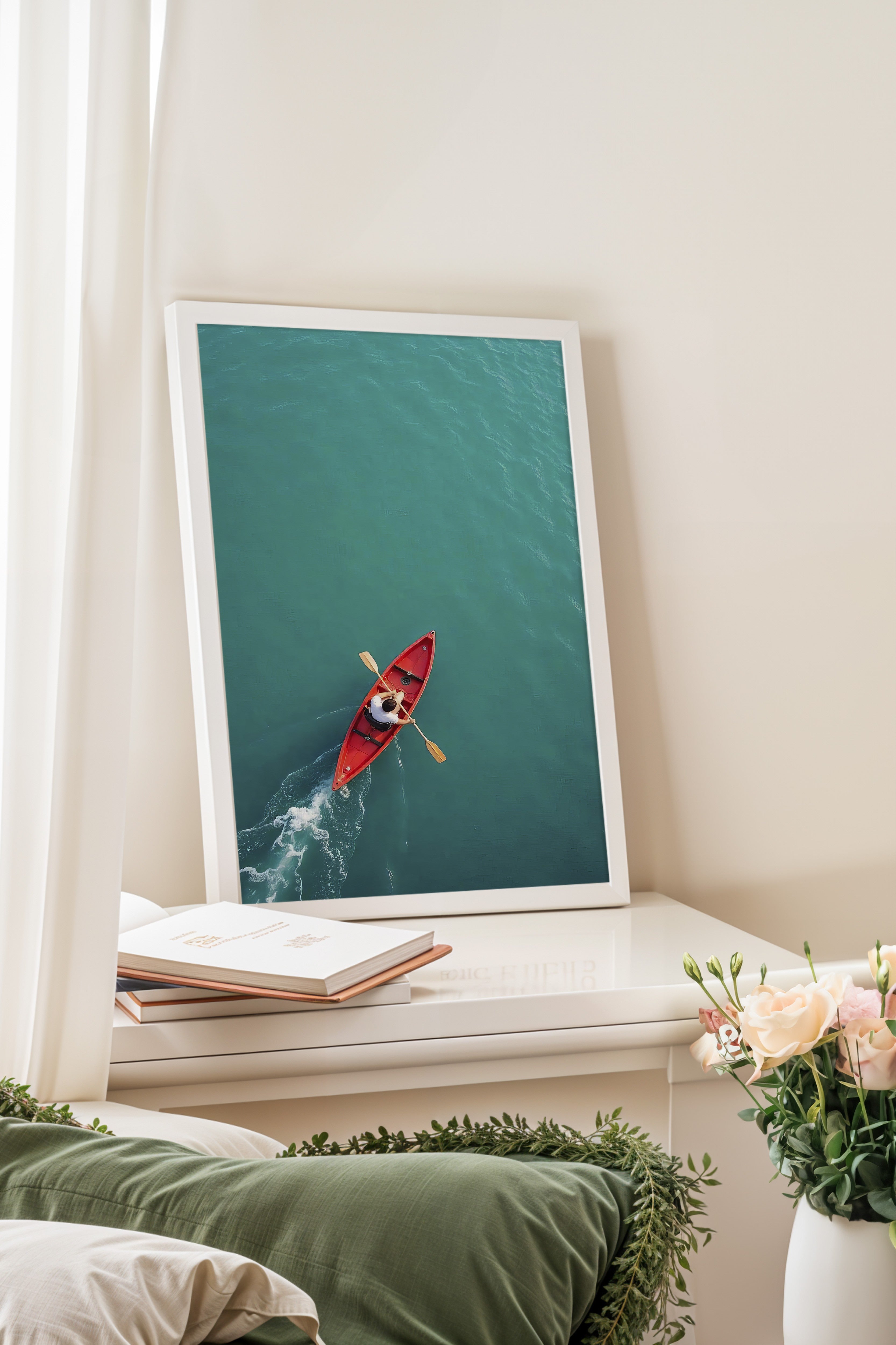 Beyaz Çerçeveli Tablo, Kırmızı Tekne, Fotoğraf, Mavi Renk Poster, 2025 Yaz Seçkisi, NO:109720