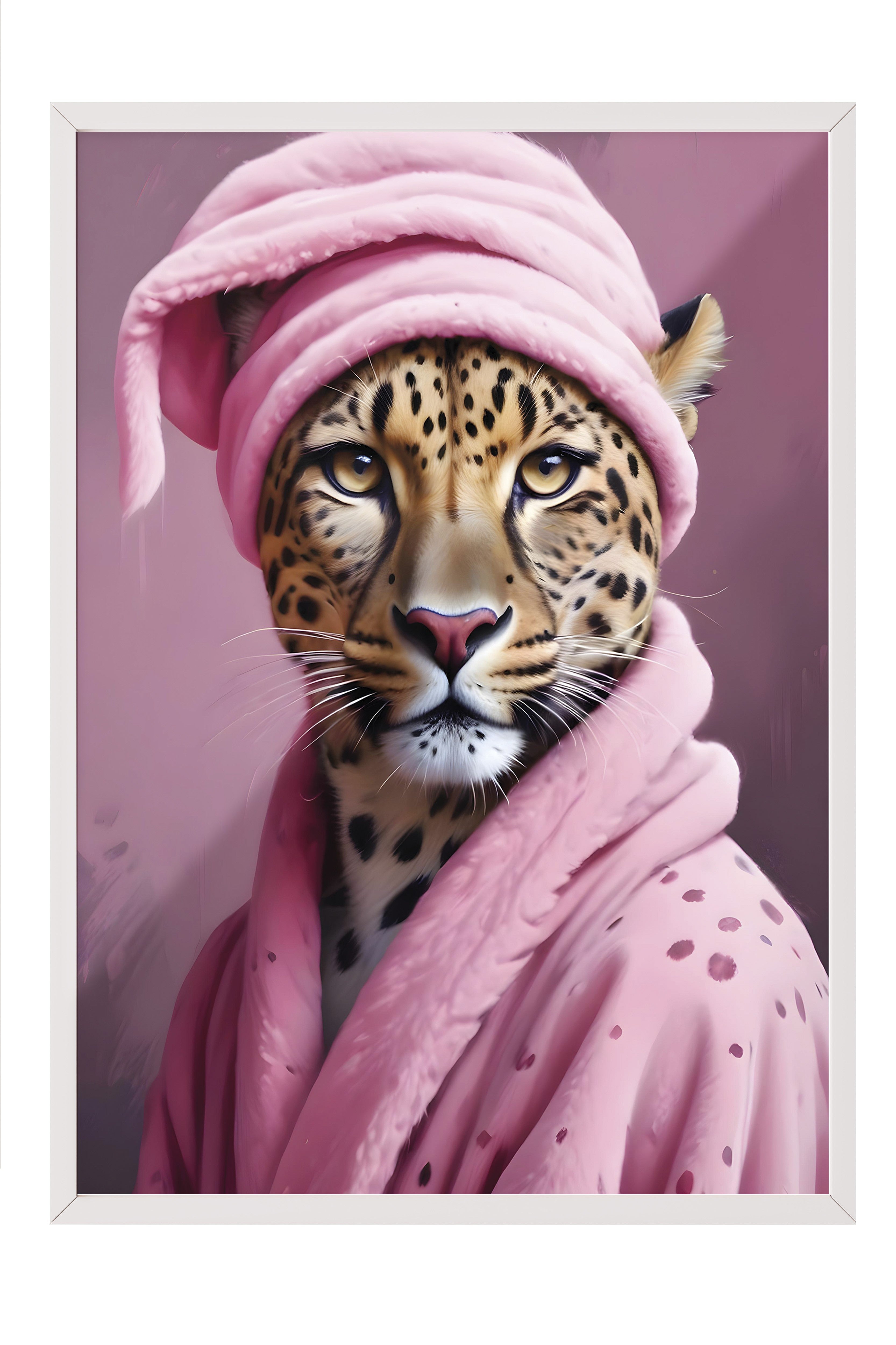 Beyaz Çerçeveli Tablo, Leopard In A Bathrobe, Comfort Serisi Poster ve Duvar Tablosu, NO:108927