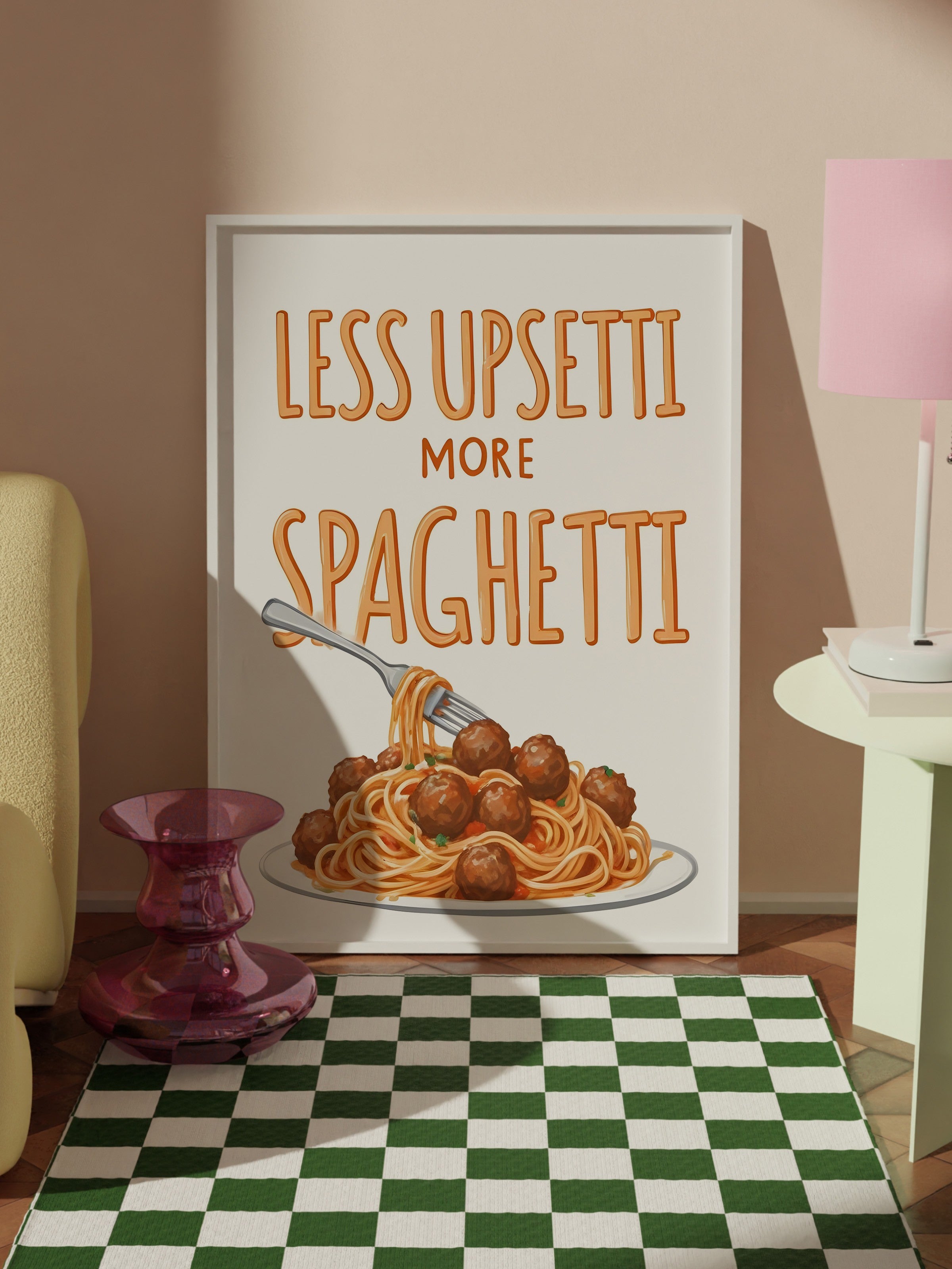 Beyaz Çerçeveli Tablo, Less Upsetti More Spaghetti, Comfort Serisi Mutfak Duvar Tablosu, NO:109142