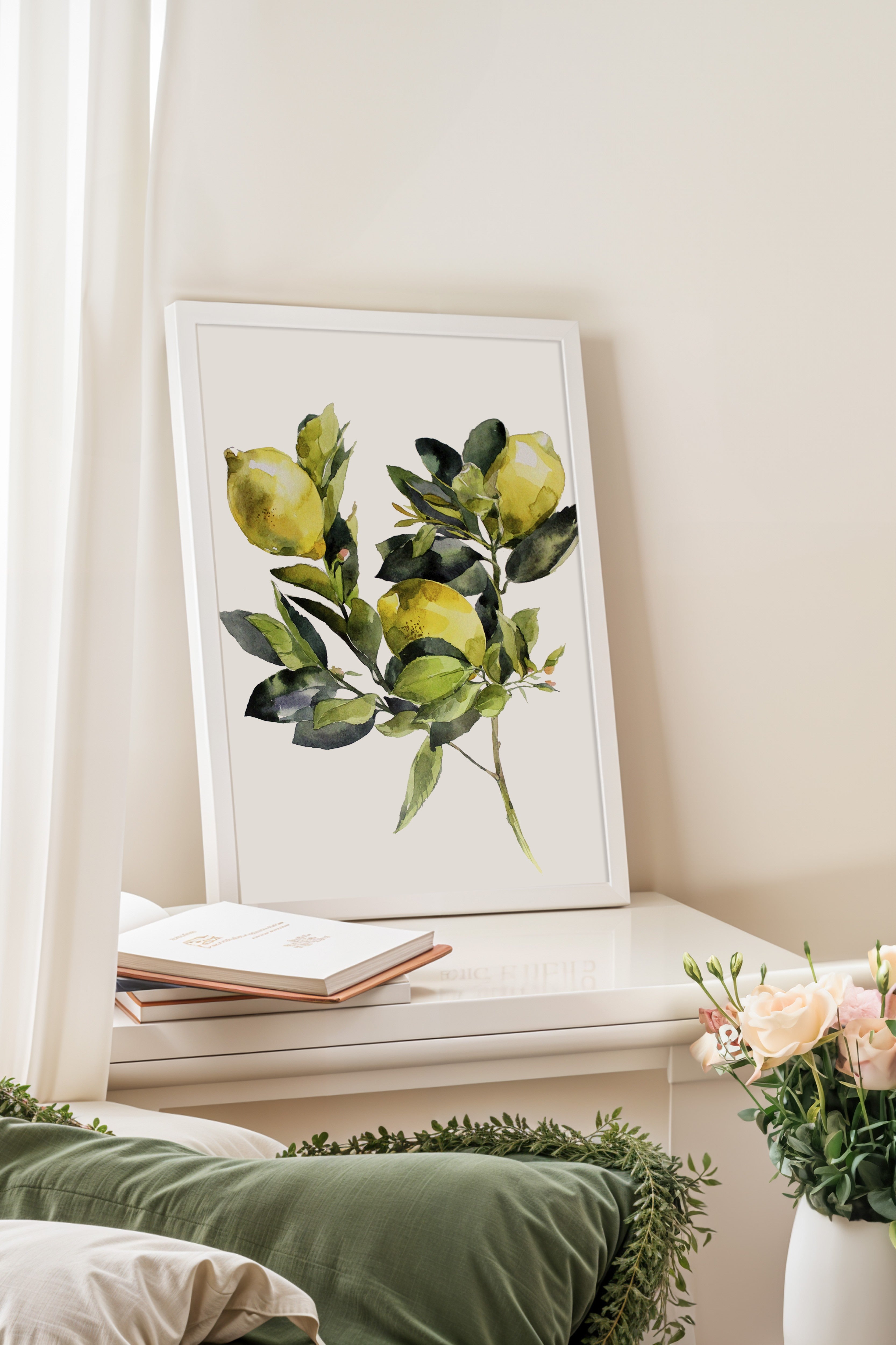 Beyaz Çerçeveli Tablo, Limonlar, Yapraklar, Suluboya, Yeşil, Sarı Renk Poster, 2025 Yaz Seçkisi, NO:109802