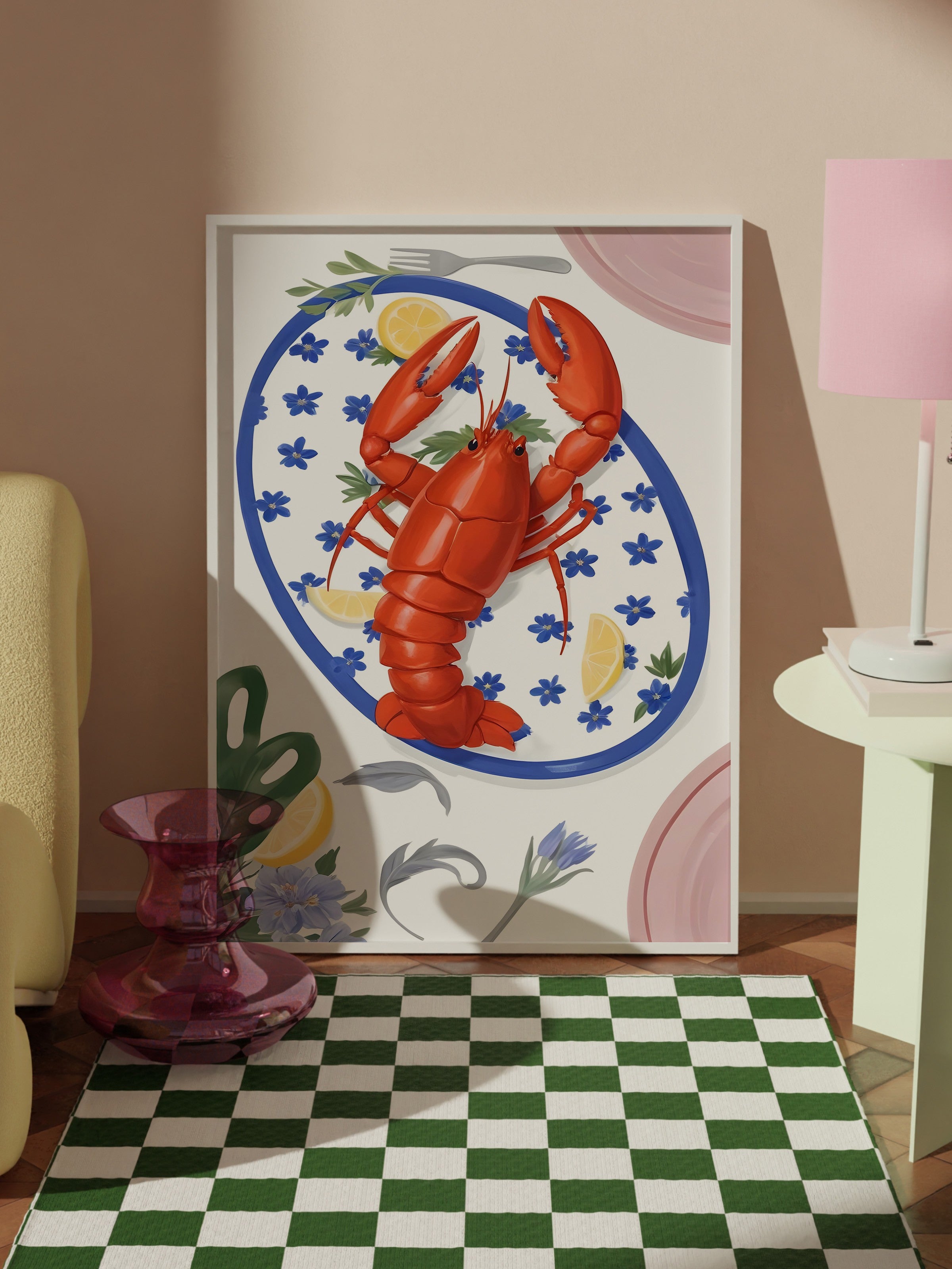 Beyaz Çerçeveli Tablo, Lobster, Comfort Serisi Mutfak Duvar Tablosu, NO:109079