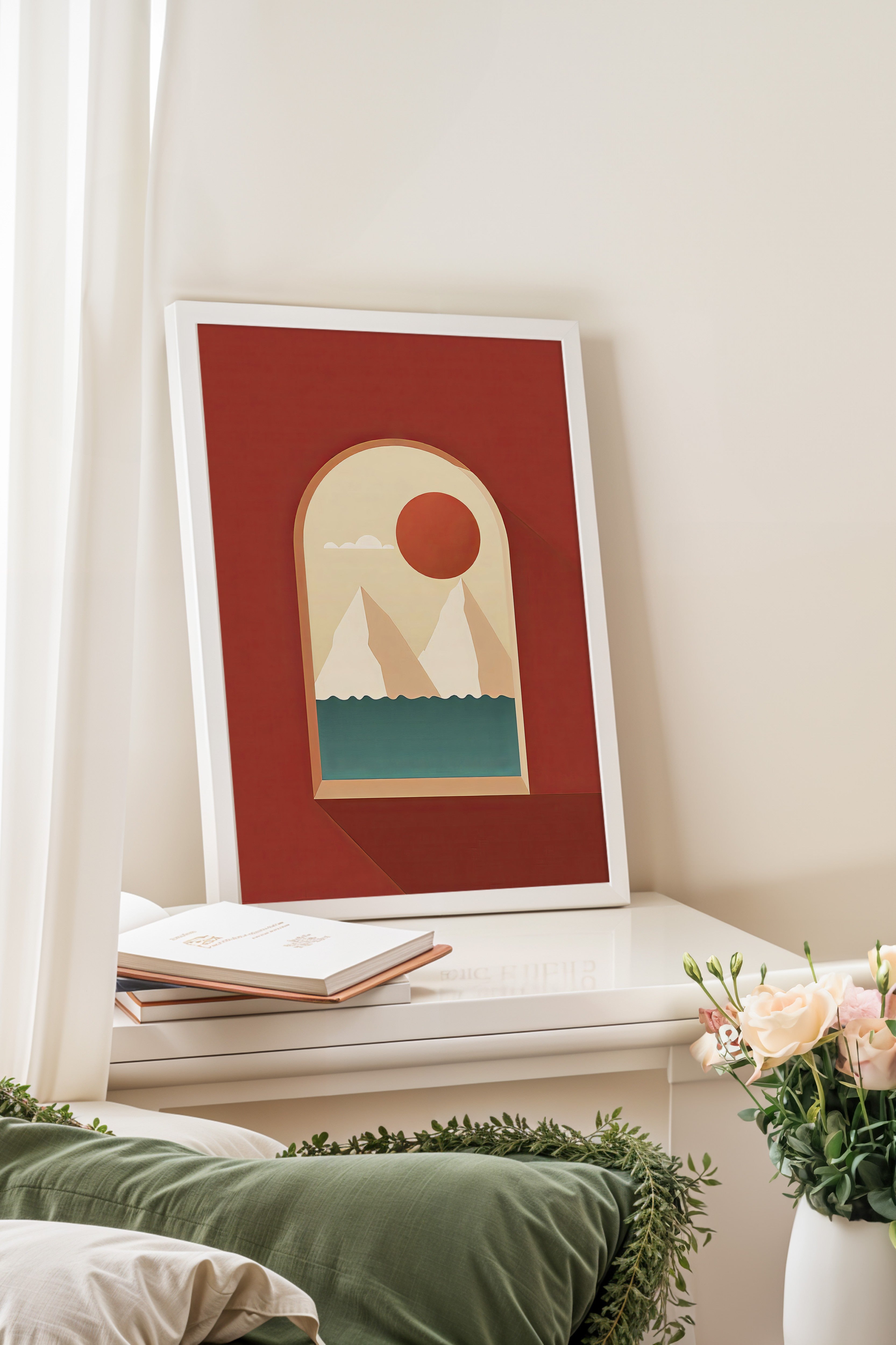 Beyaz Çerçeveli Tablo, Manzaralı Pencere, İllüstrasyon, Kırmızı Renk Poster, 2025 Yaz Seçkisi, NO:109733