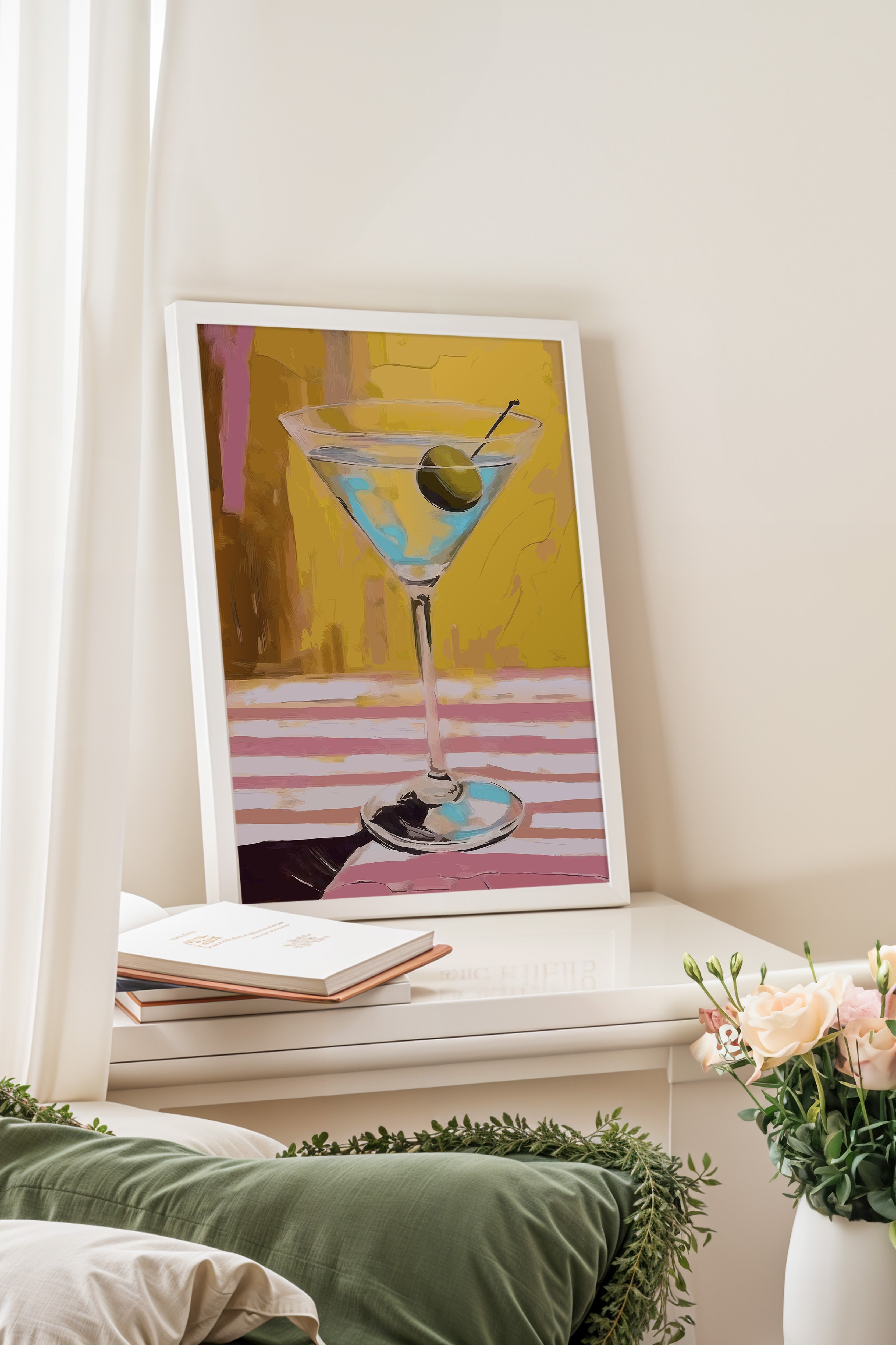 Beyaz Çerçeveli Tablo, Martini bardağı, Zeytin, Masa örtüsü, Acrylic Painting, Sarı, Pembe Renk Poster, 2025 Yaz Seçkisi, NO:109867