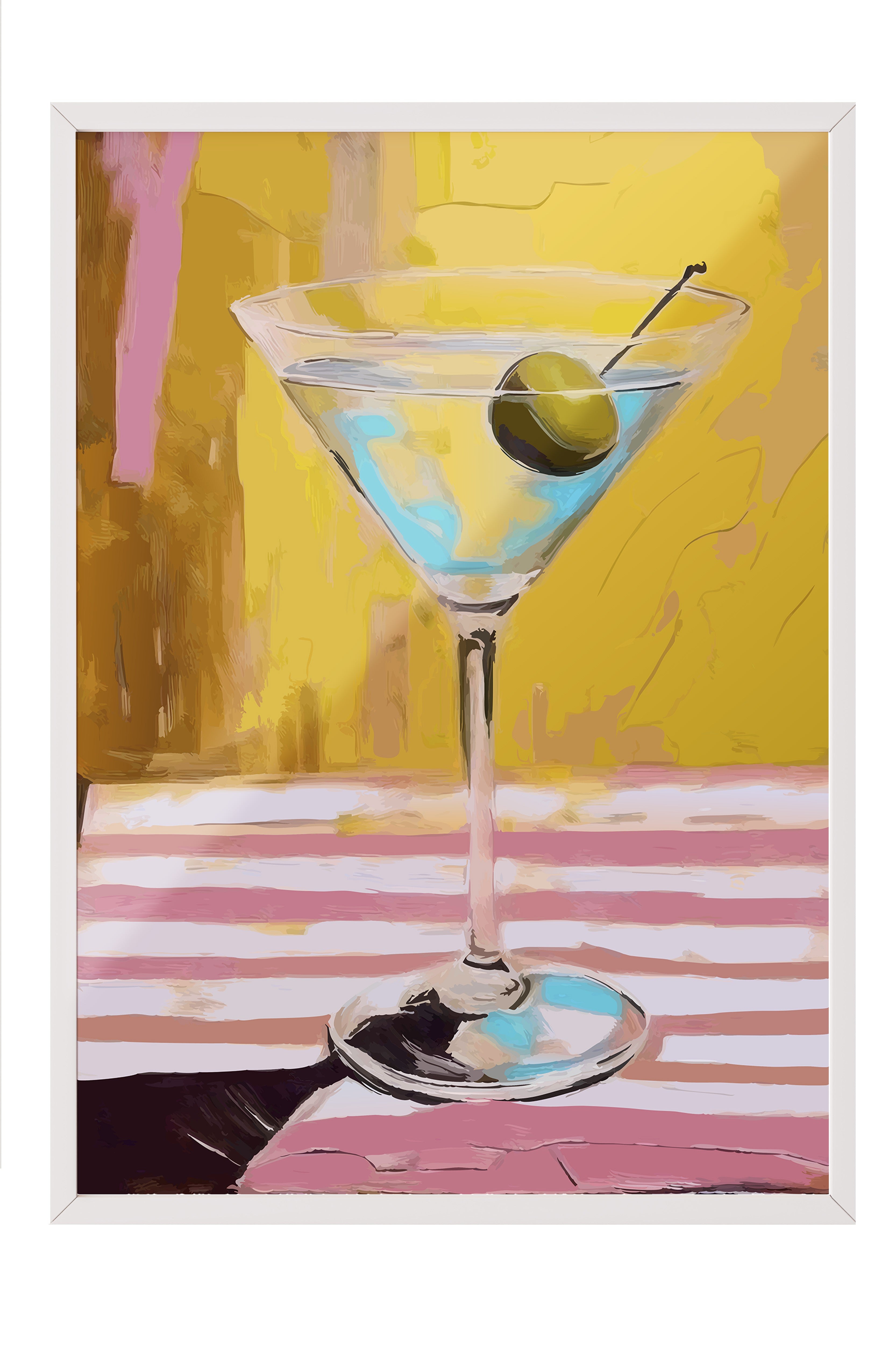 Beyaz Çerçeveli Tablo, Martini bardağı, Zeytin, Masa örtüsü, Acrylic Painting, Sarı, Pembe Renk Poster, 2025 Yaz Seçkisi, NO:109867