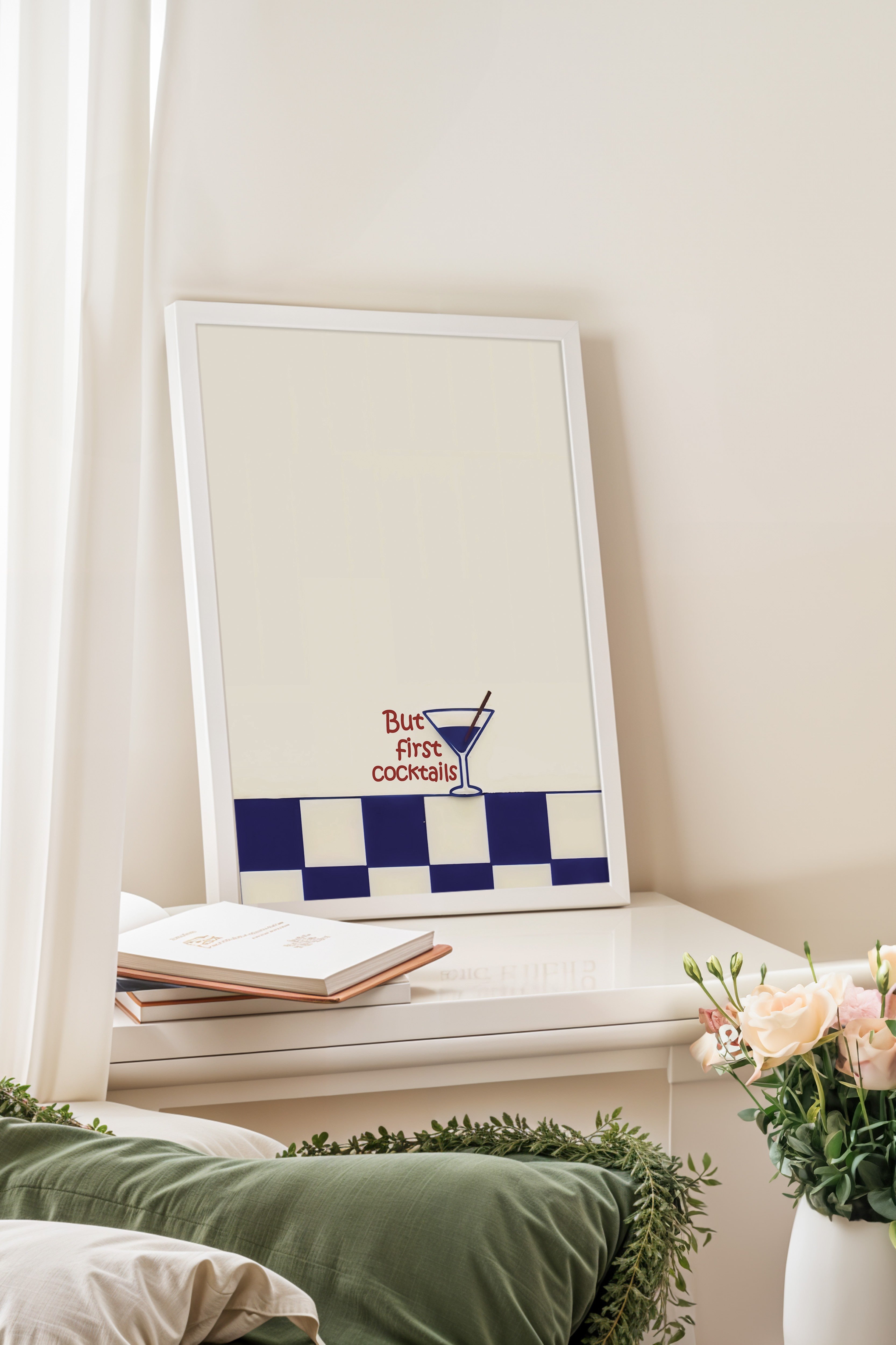 Beyaz Çerçeveli Tablo, Önce Kokteyller, İllüstrasyon, Mavi Renk Poster, 2025 Yaz Seçkisi, NO:109716