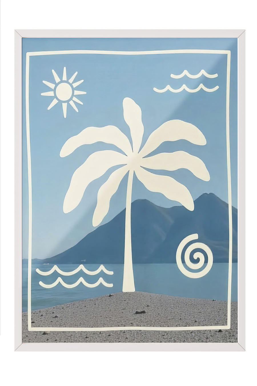 Plaj ve Palmiye İllüstrasyonu Poster Poster – Beyaz Çerçeveli Tablo