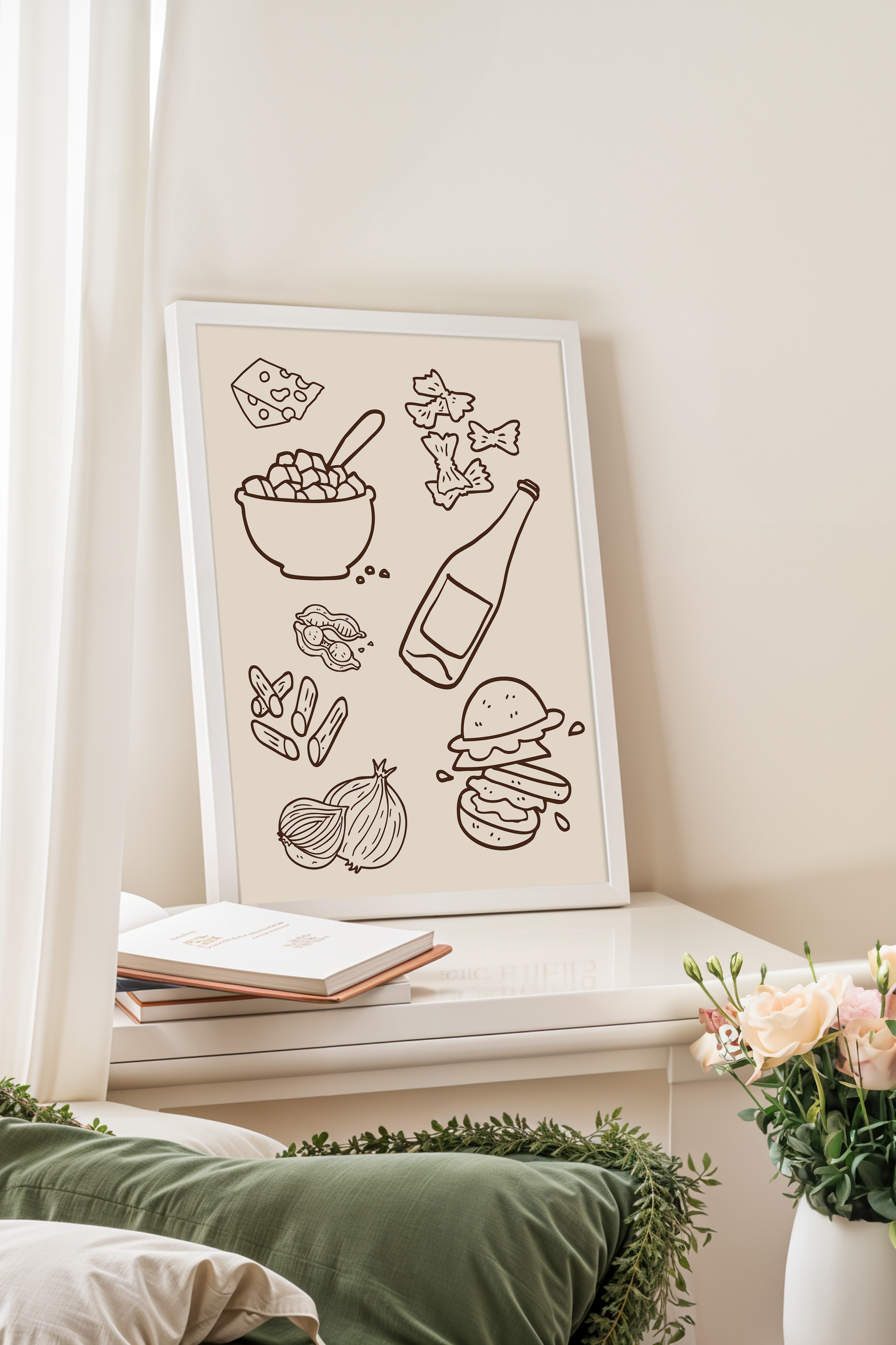 Beyaz Çerçeveli Tablo, Peynir, Şişe, Burger, illüstrasyon, Minimalist, Kahverengi, Bej Renk Poster, 2025 Yaz Seçkisi, NO:109806
