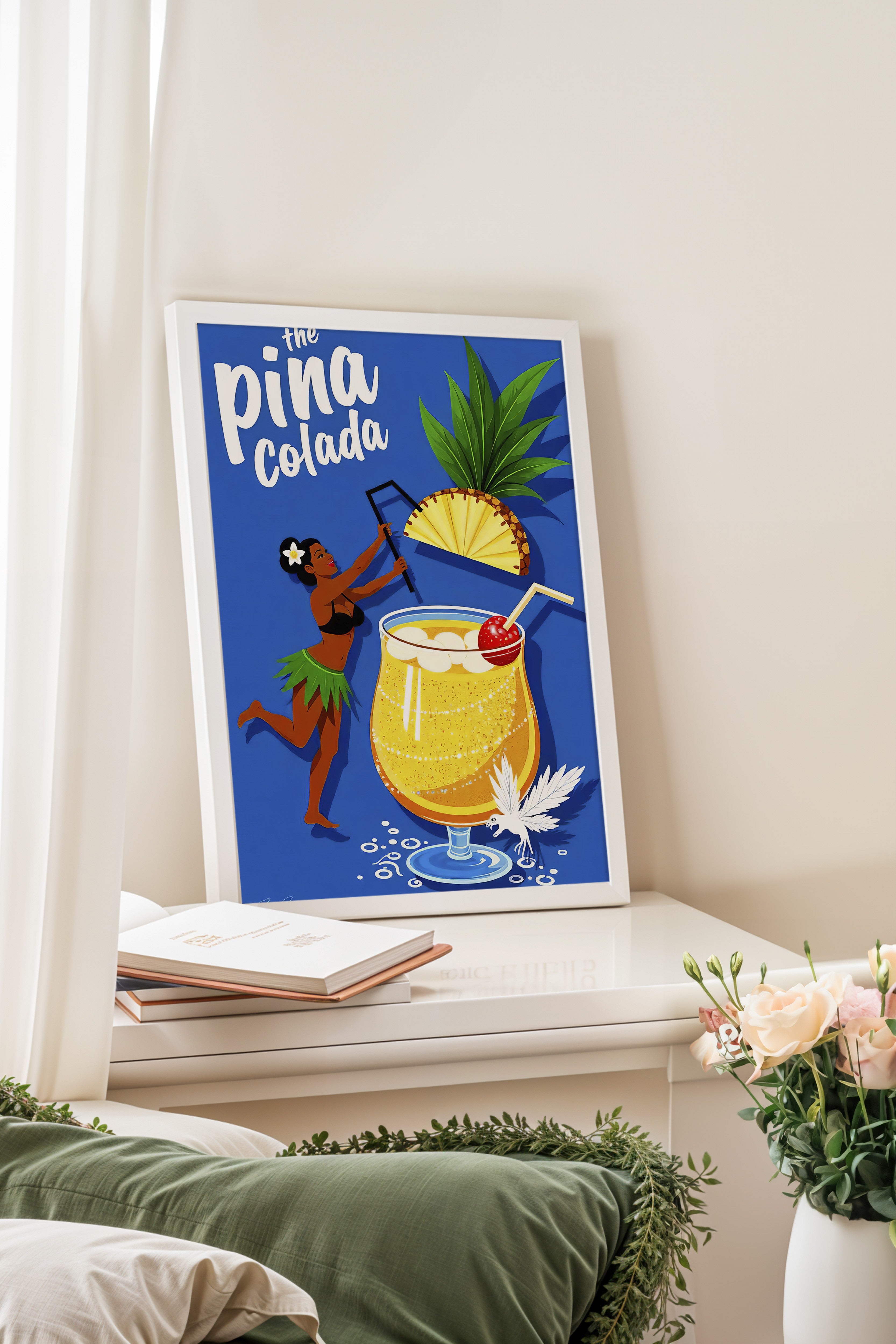 Beyaz Çerçeveli Tablo, Pina Colada, İllüstrasyon, Maximalist, Lacivert Renk Poster, 2025 Yaz Seçkisi, NO:109777