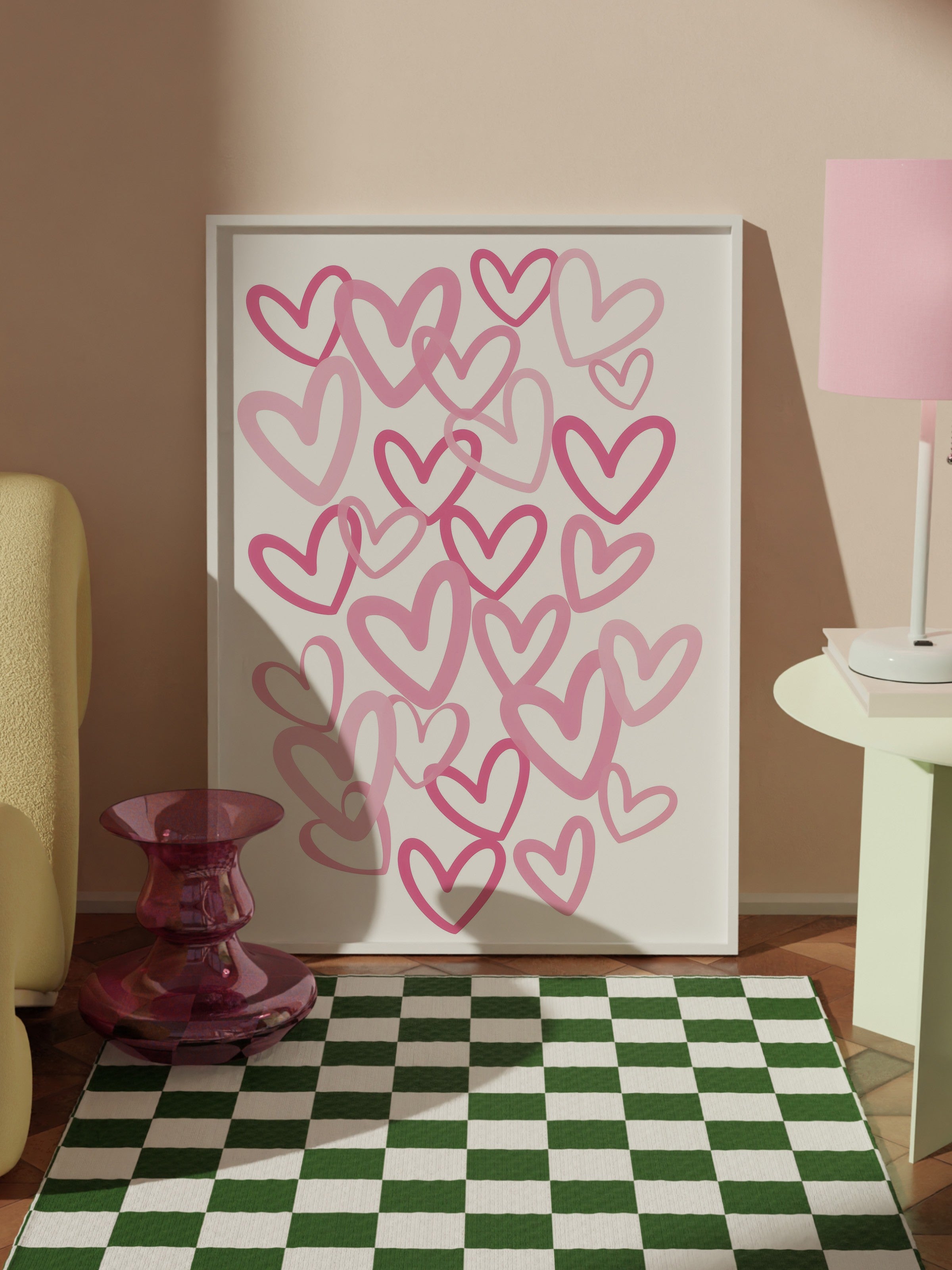 Beyaz Çerçeveli Tablo, Pink Hearts, Comfort Serisi Poster ve Duvar Tablosu, NO:108944