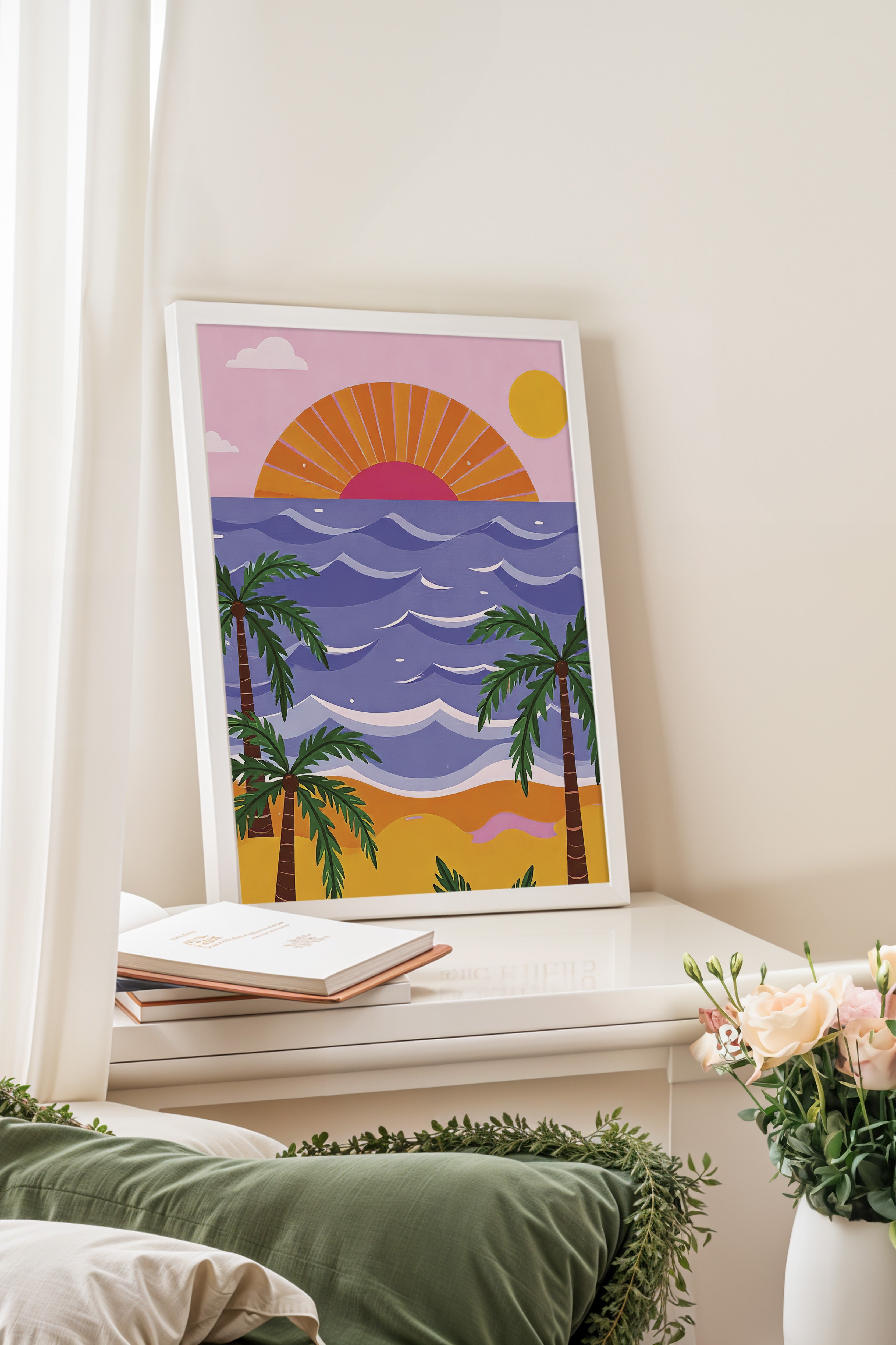 Beyaz Çerçeveli Tablo, Plaj Manzarası, İllüstrasyon, Maximalist, Pembe Renk Poster, 2025 Yaz Seçkisi, NO:109788