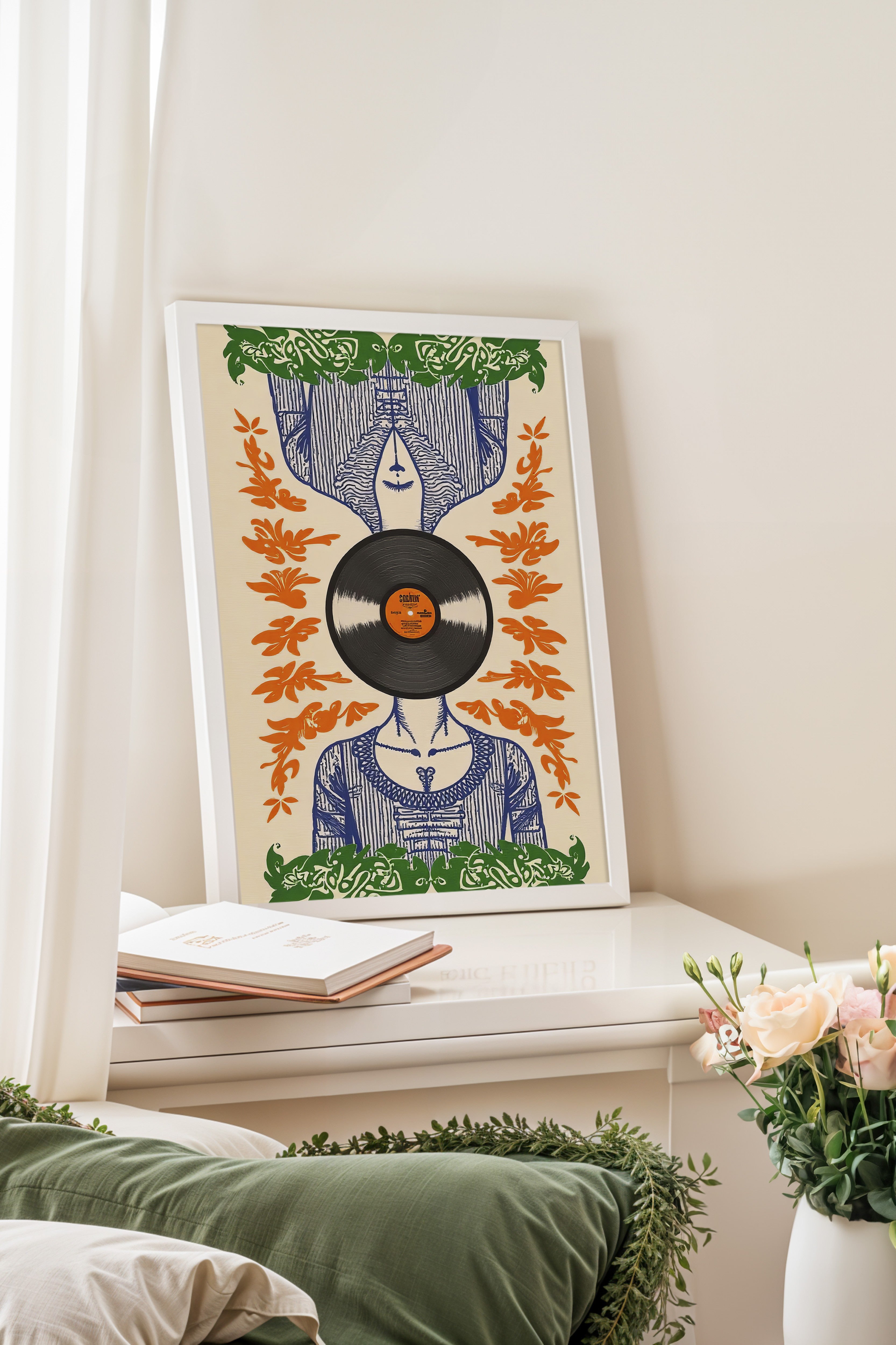 Beyaz Çerçeveli Tablo, Plak Kadını, İllüstrasyon, Maximalist, Turuncu Renk Poster, 2025 Yaz Seçkisi, NO:109785