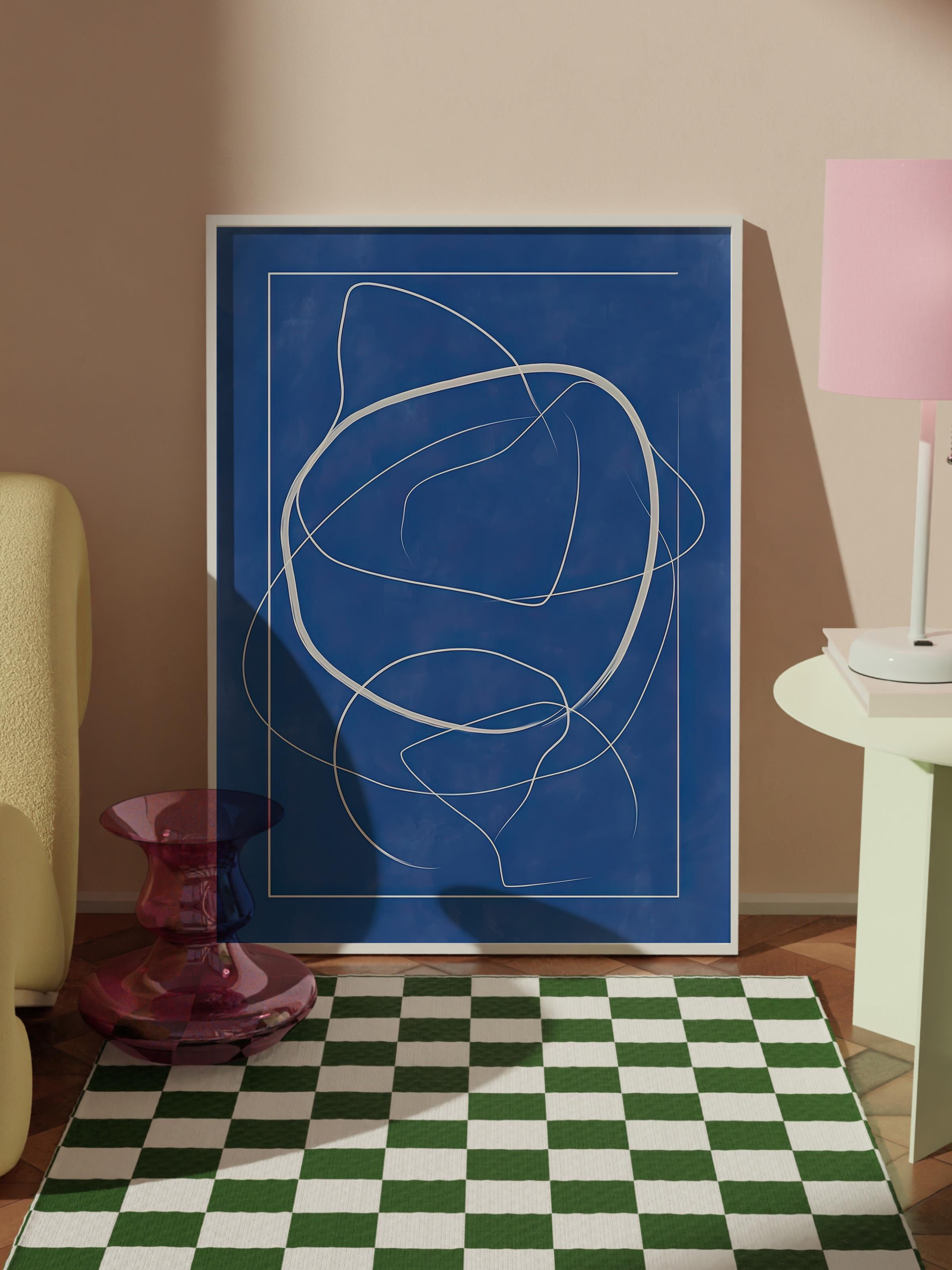 Beyaz Çerçeveli Tablo, Duvar Tablosu, Abstract Blue Lines Comfort Serisi NO:108601