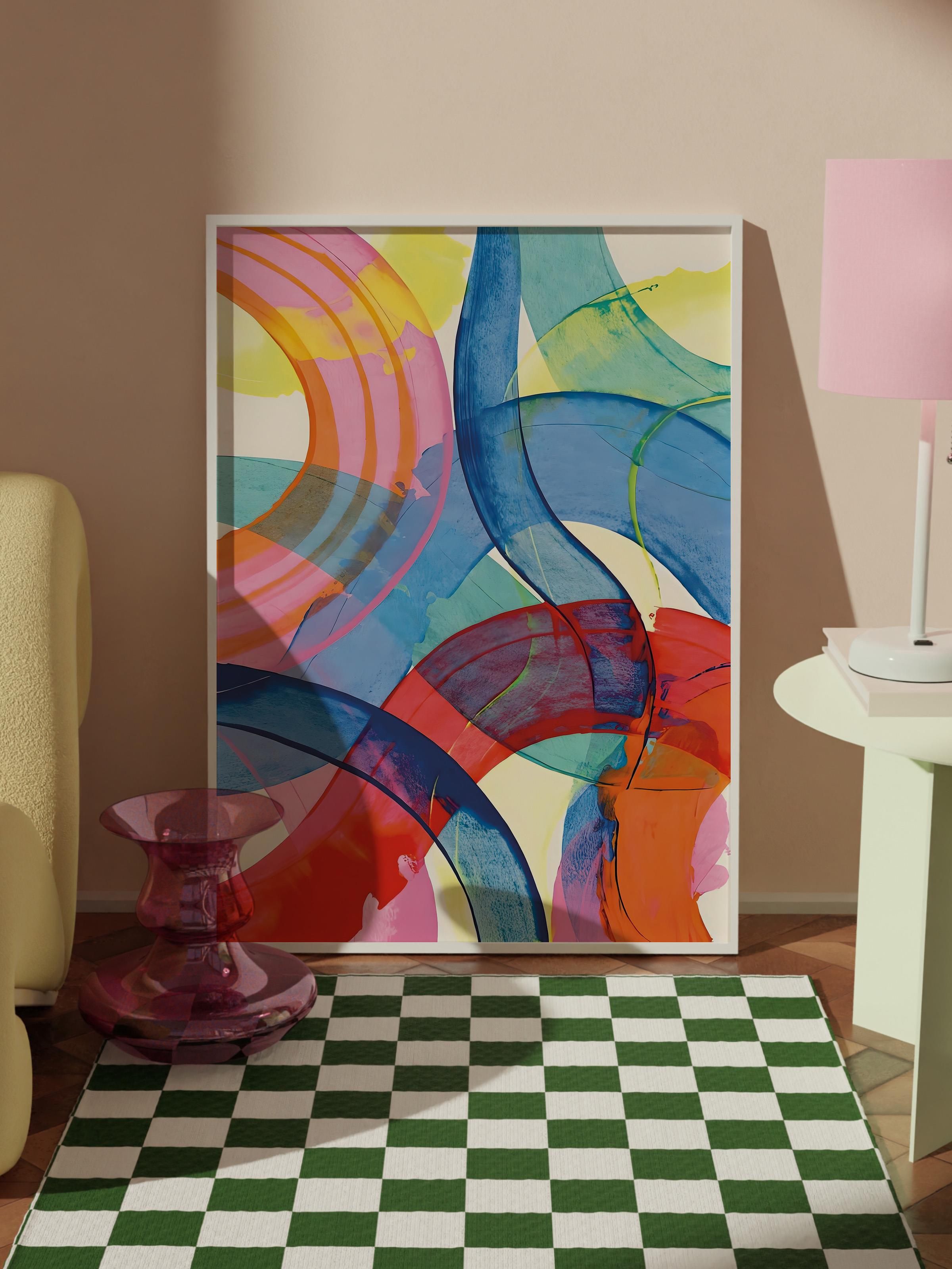 Beyaz Çerçeveli Tablo, Duvar Tablosu, Colorful Paint Strokes Comfort Serisi NO:108617