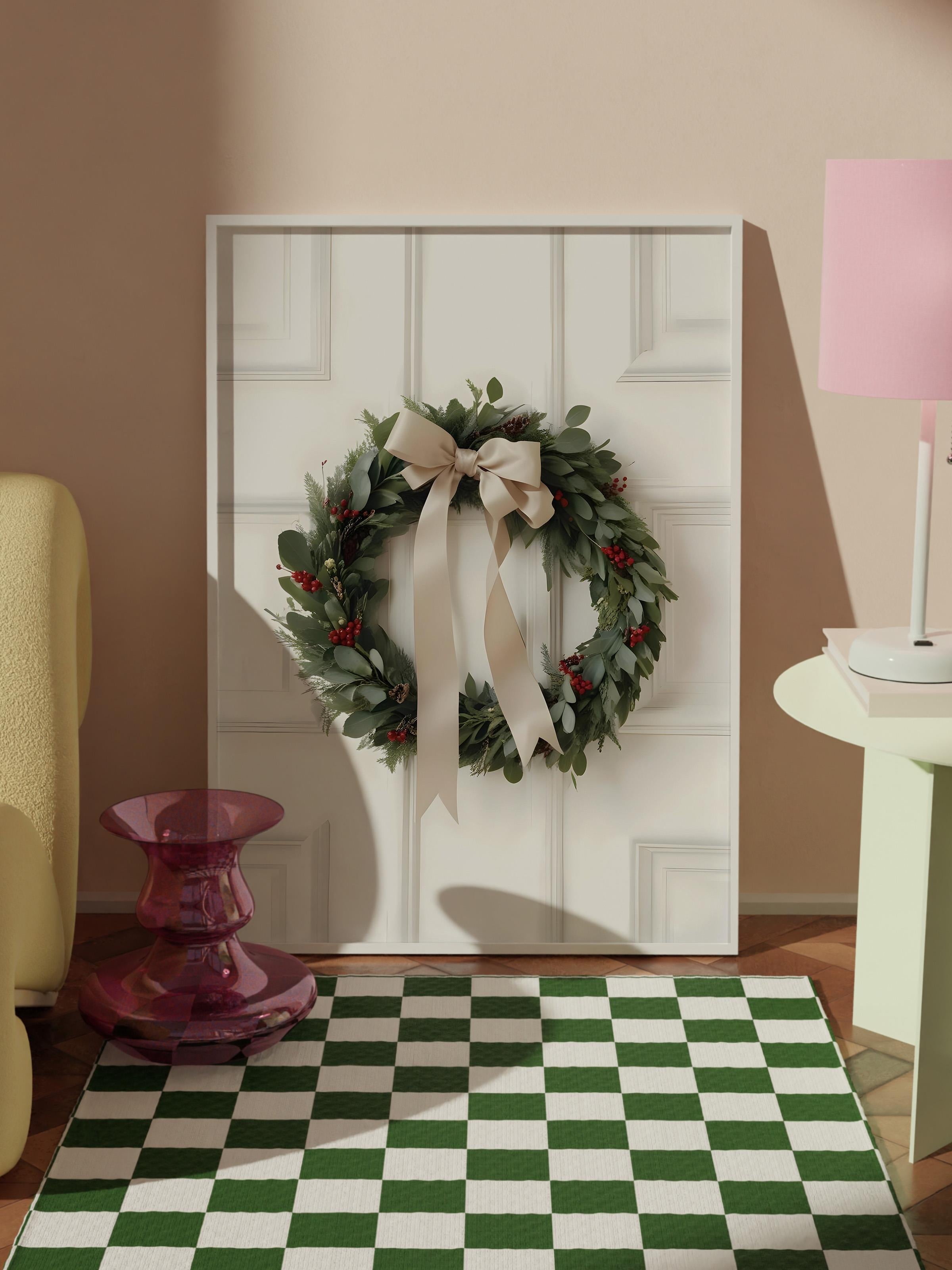 Beyaz Çerçeveli Tablo, Yılbaşı Poster, Yılbaşı Dekoru, Eucalyptus Wreath Comfort Serisi NO:108621