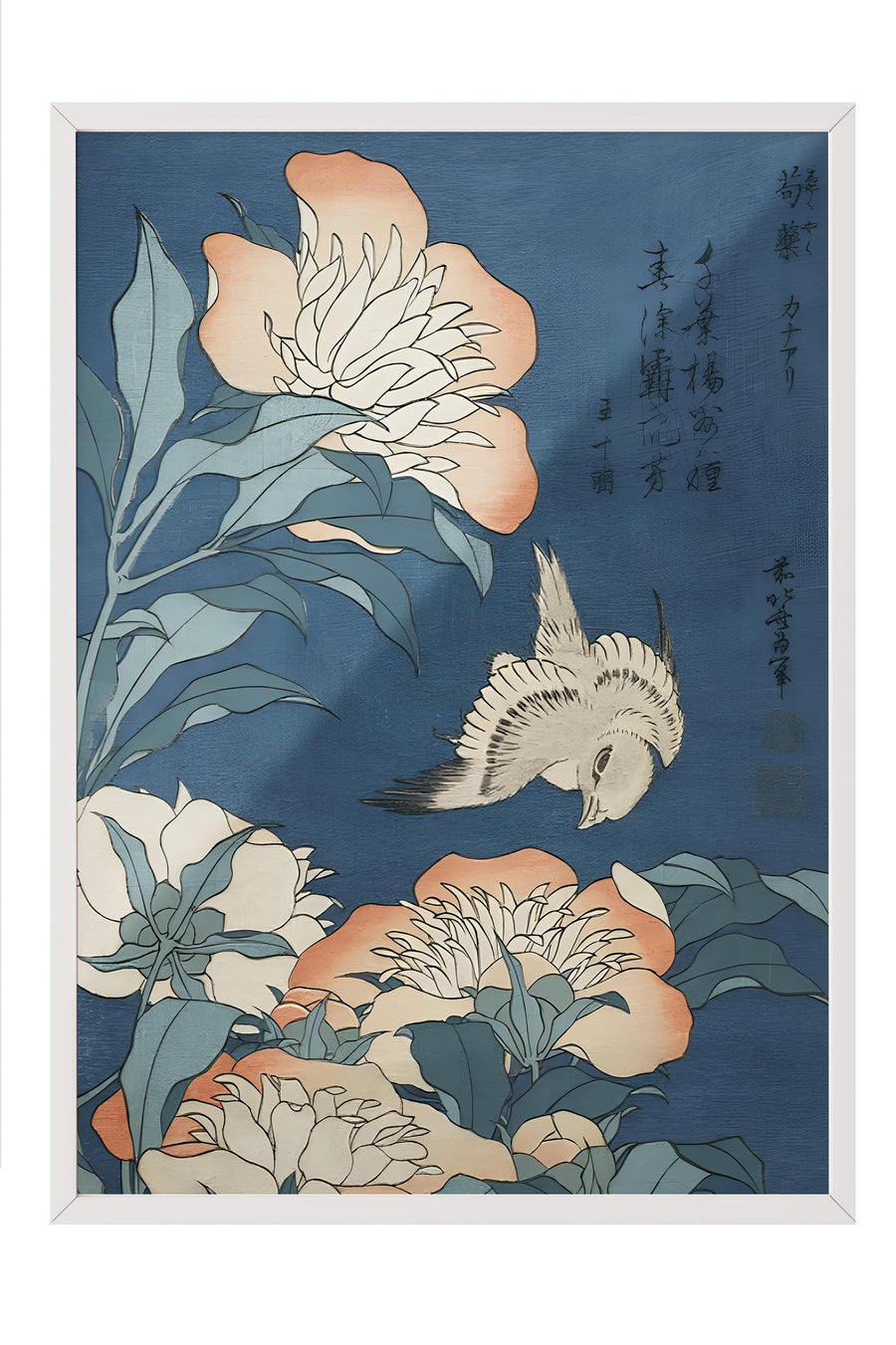 Şakayık Çiçekleri ve Kuş Japon Sanatı Poster – Beyaz Çerçeveli Tablo