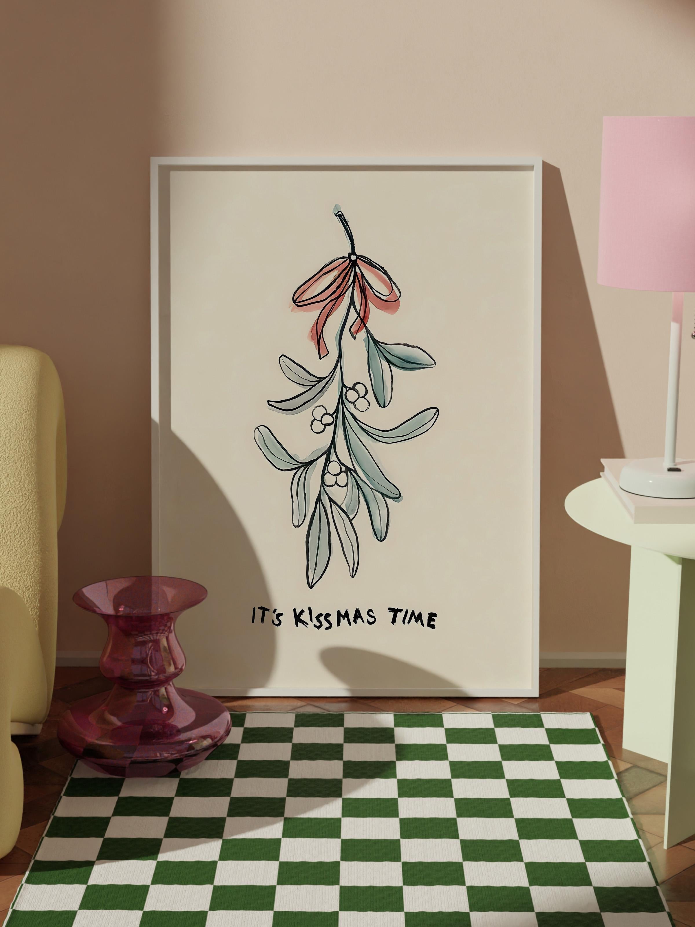 Beyaz Çerçeveli Tablo, Yılbaşı Poster, Yılbaşı Dekoru, It's Kissmas Time Comfort Serisi NO:108678