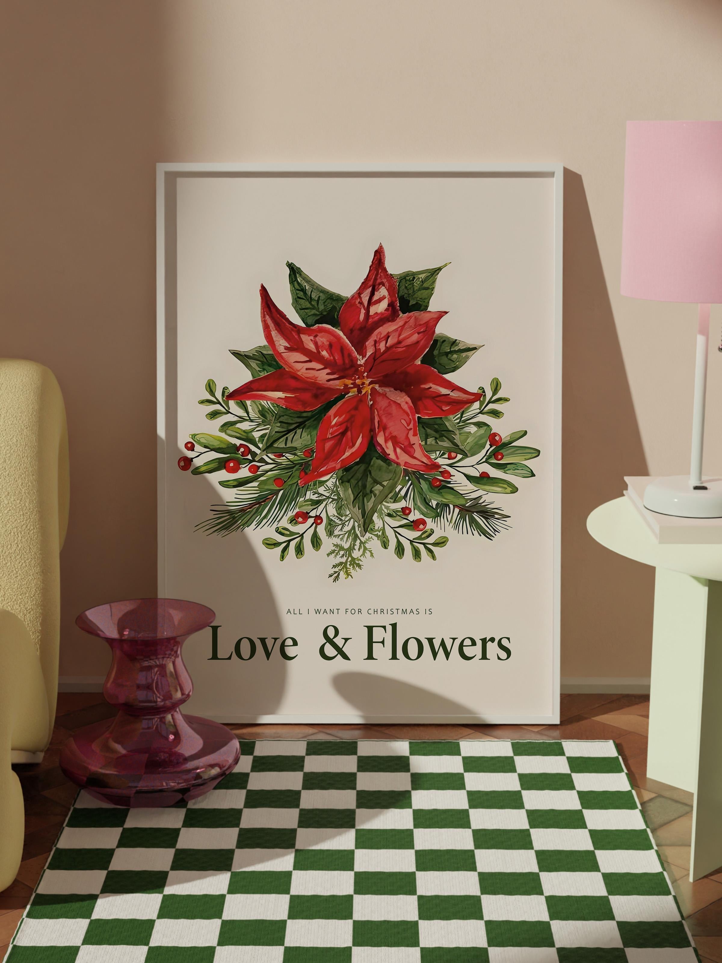 Beyaz Çerçeveli Tablo, Yılbaşı Poster, Love and Flowers for Christmas Comfort Serisi NO:108636