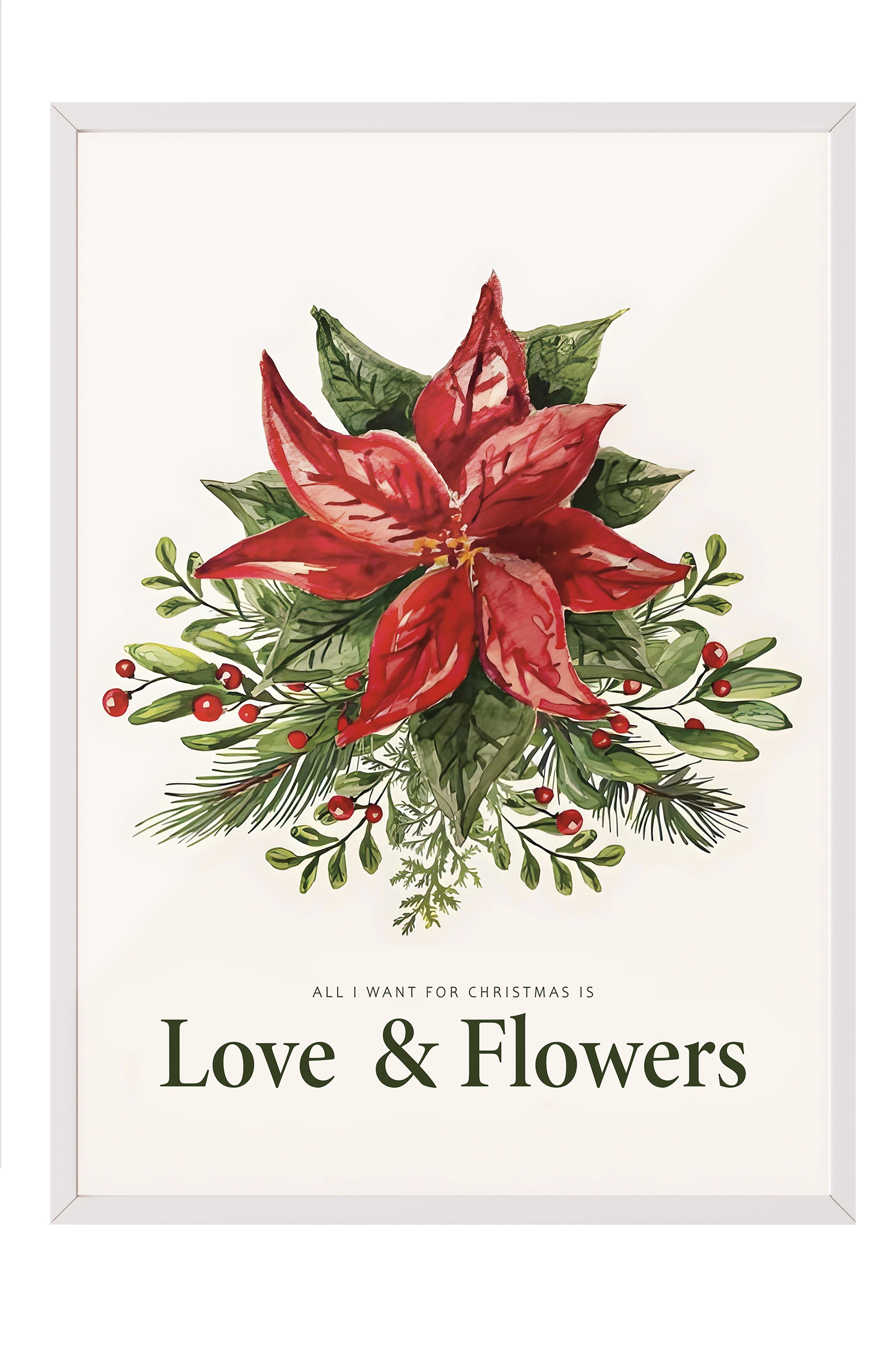 Beyaz Çerçeveli Tablo, Yılbaşı Poster, Love and Flowers for Christmas Comfort Serisi NO:108636