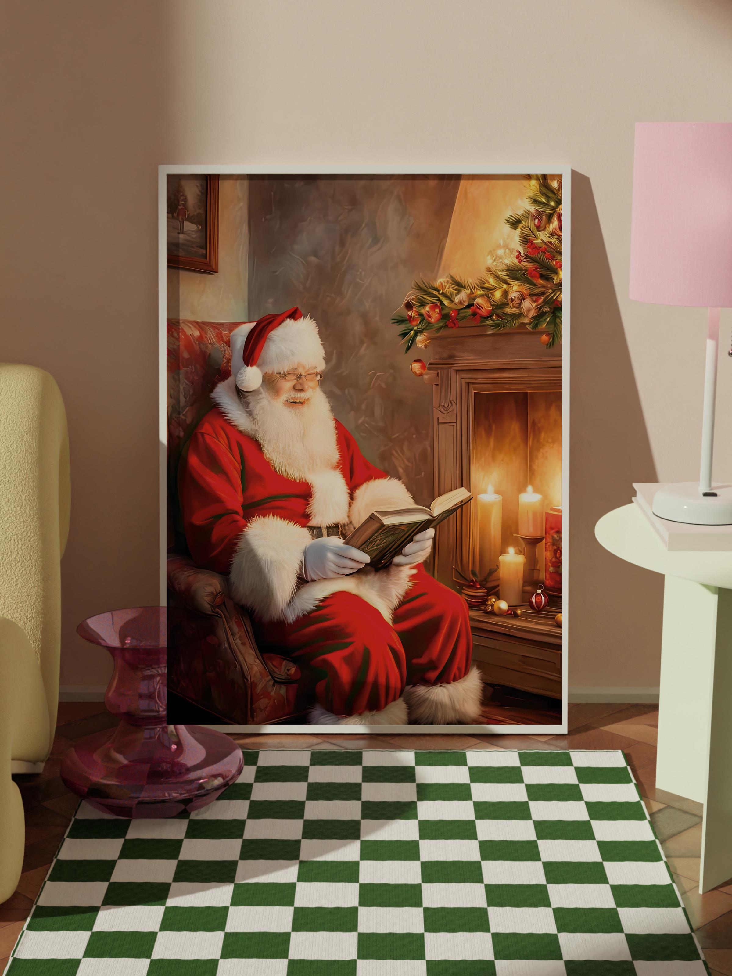 Beyaz Çerçeveli Tablo, Yılbaşı Poster, Yılbaşı Dekoru, Reading Santa Comfort Serisi NO:108622