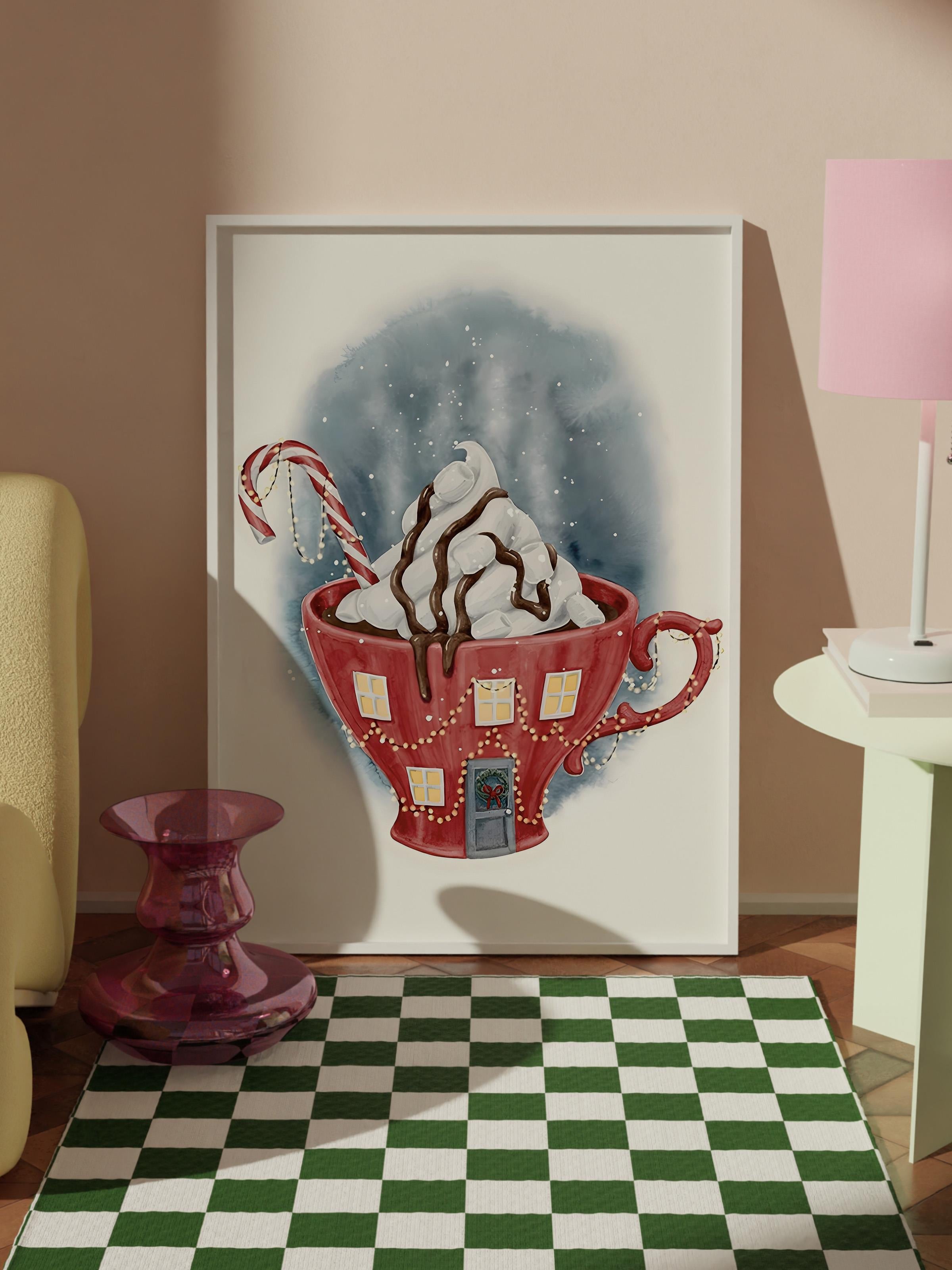 Beyaz Çerçeveli Tablo, Yılbaşı Poster, Yılbaşı Dekoru, Wintery Cup Comfort Serisi NO:108641