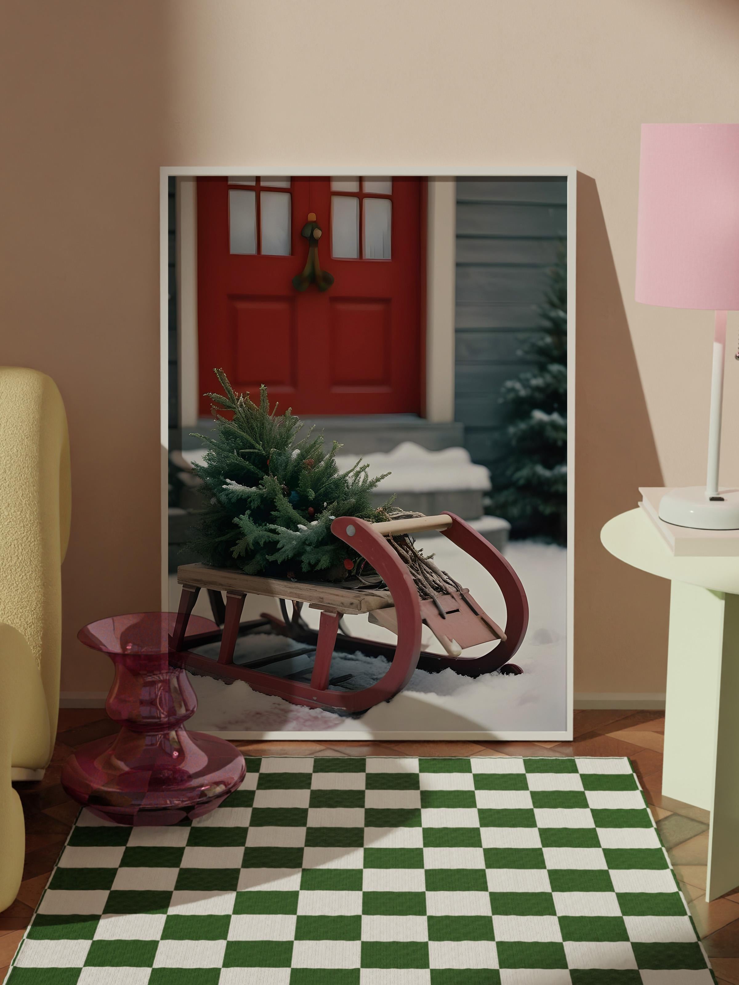 Beyaz Çerçeveli Tablo, Yılbaşı Poster, Yılbaşı Dekoru, Wooden Sleigh Comfort Serisi NO:108620