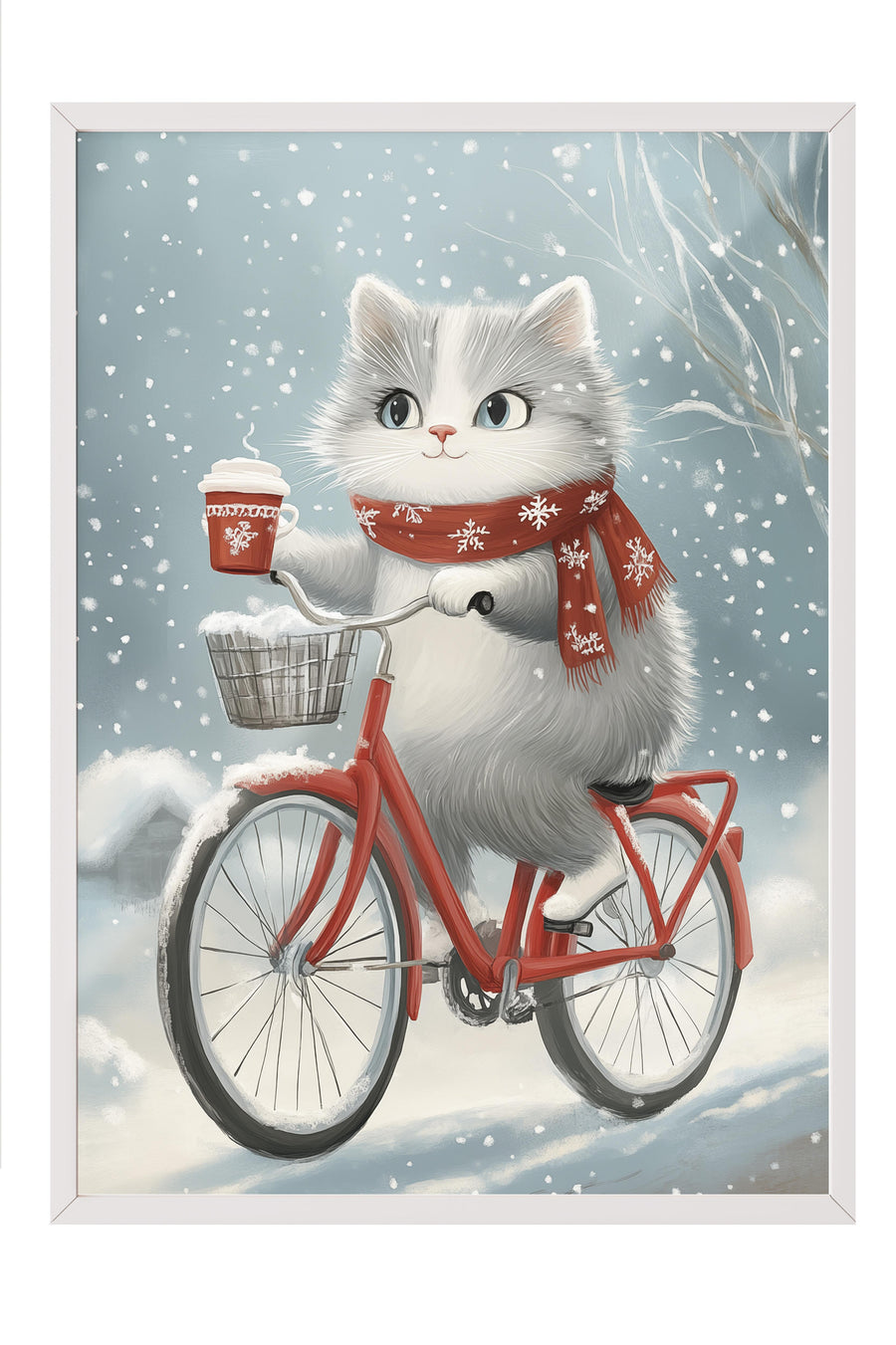 Bisiklet Süren Kedi Poster – Beyaz Çerçeveli Tablo