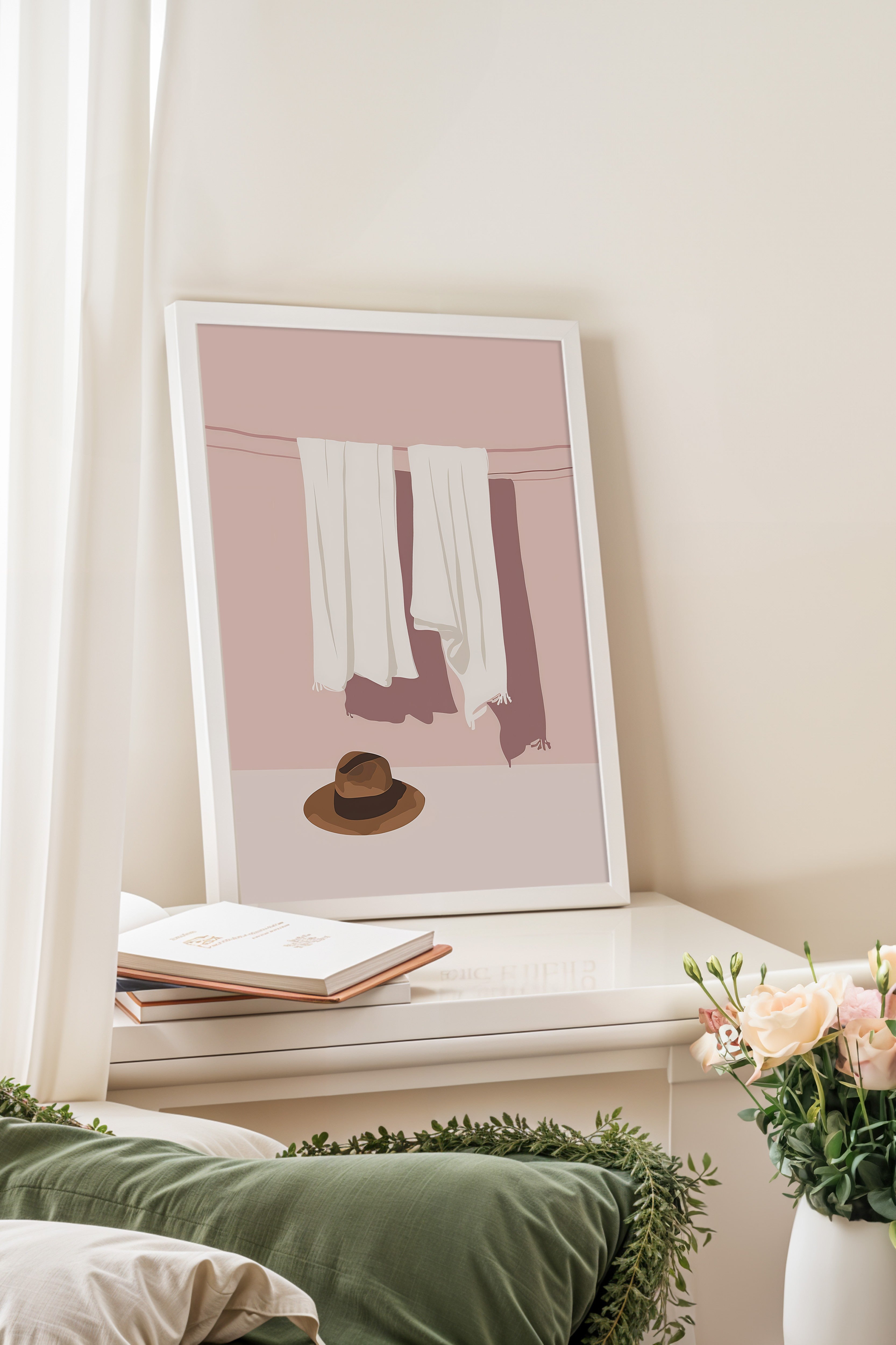 Beyaz Çerçeveli Tablo, Şapka, Havlu, Minimalist, Düz İllüstrasyon, Pastel Tonlar, Beyaz Renk Poster, 2025 Yaz Seçkisi, NO:109800