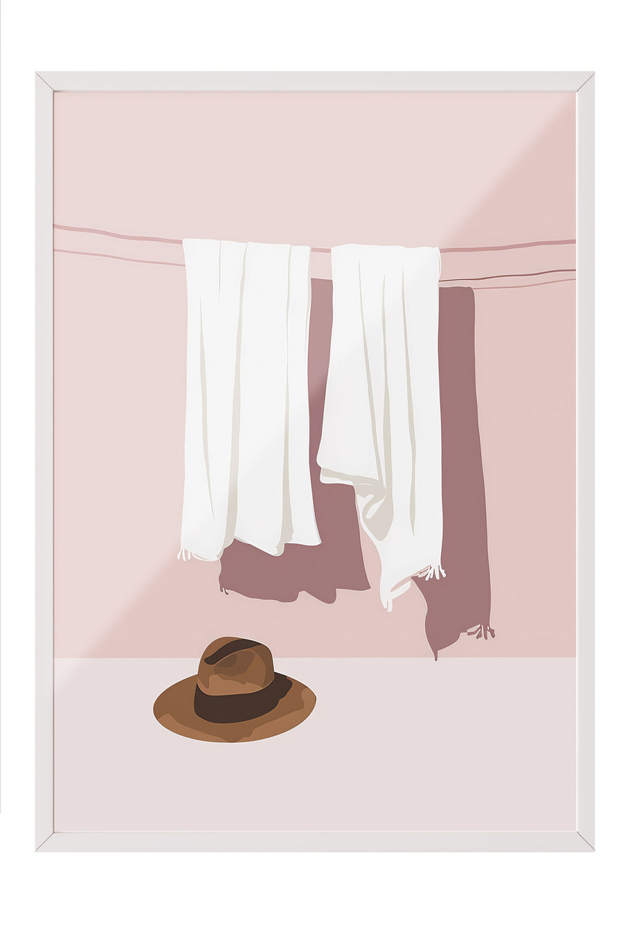 İple Asılı Havlular ve Şapka Minimalist Poster – Beyaz Çerçeveli Tablo