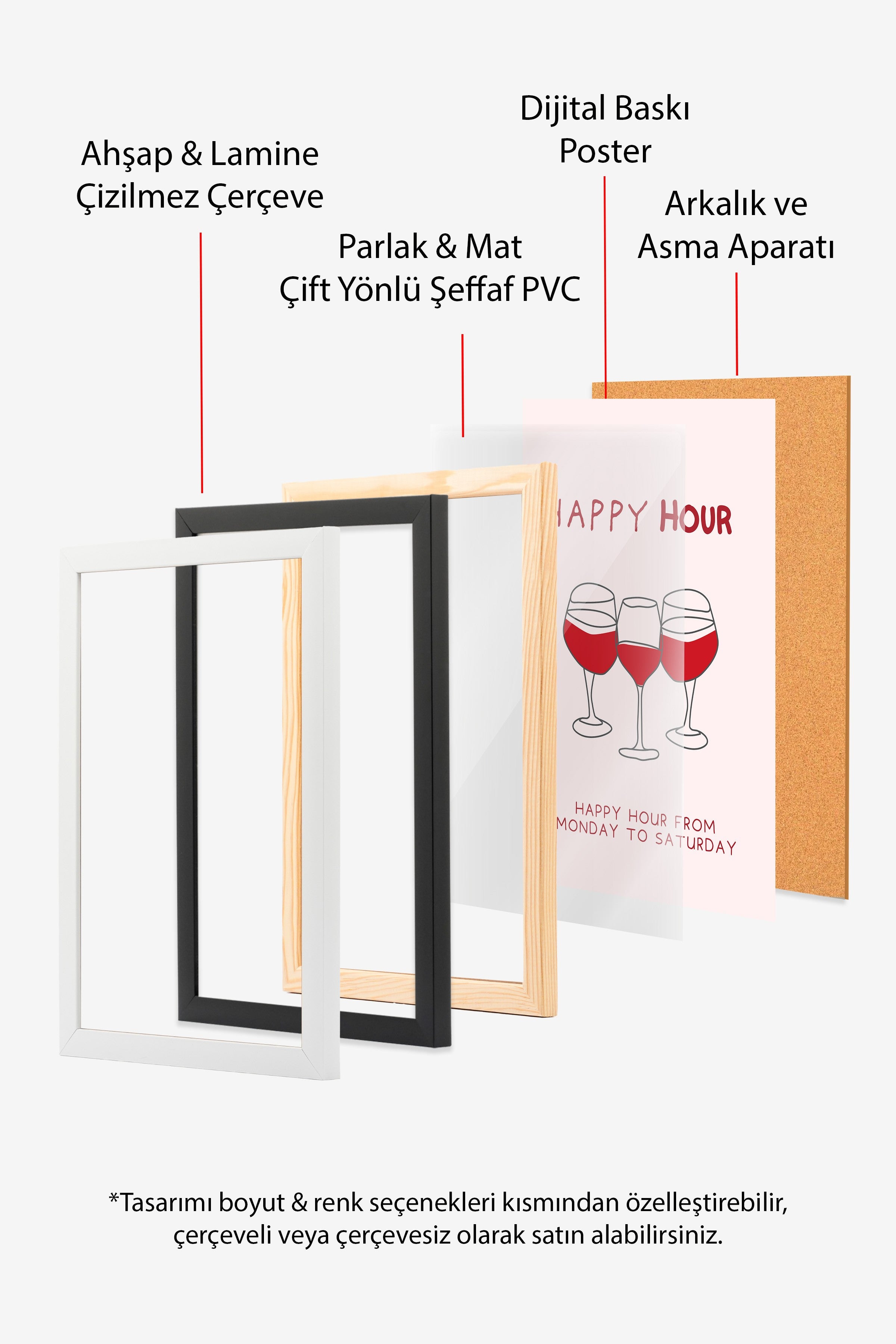 Beyaz Çerçeveli Tablo, Şarap kadehleri, Düz İllüstrasyon, Kırmızı, Bej Renk Poster, 2025 Yaz Seçkisi, NO:109789